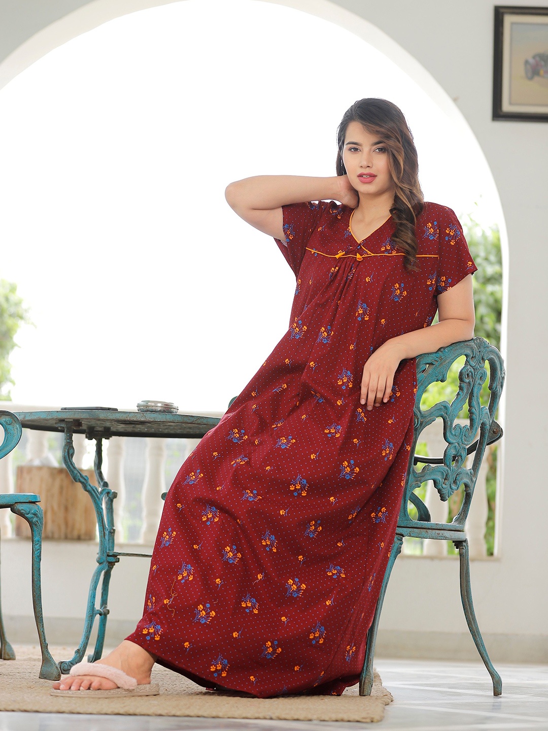 

MAYA PRINT Printed Pure Cotton Maxi Nightdress, Maroon