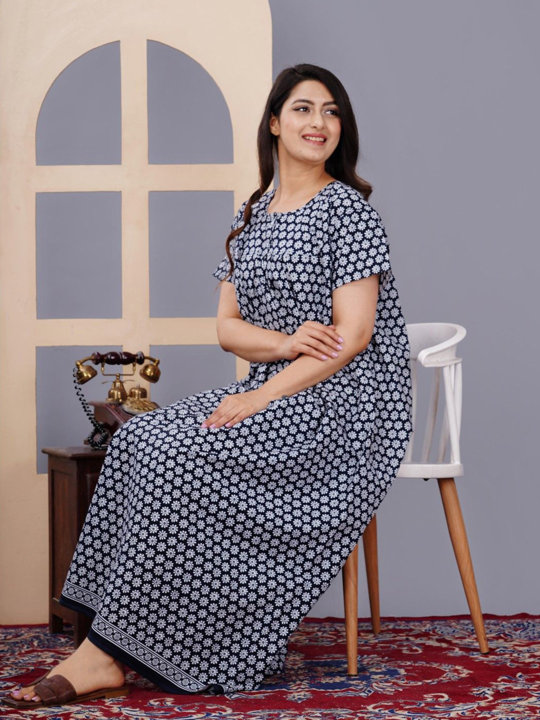 

MAYA PRINT Printed Pure Cotton Maxi Nightdress, Black