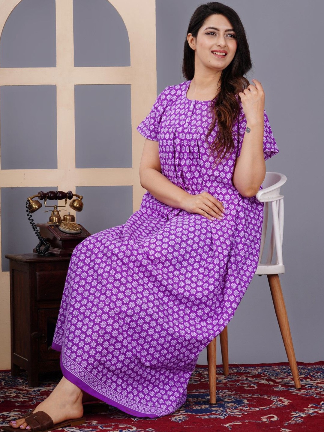 

MAYA PRINT Floral Printed Pure Cotton Maxi Nightdress, Purple