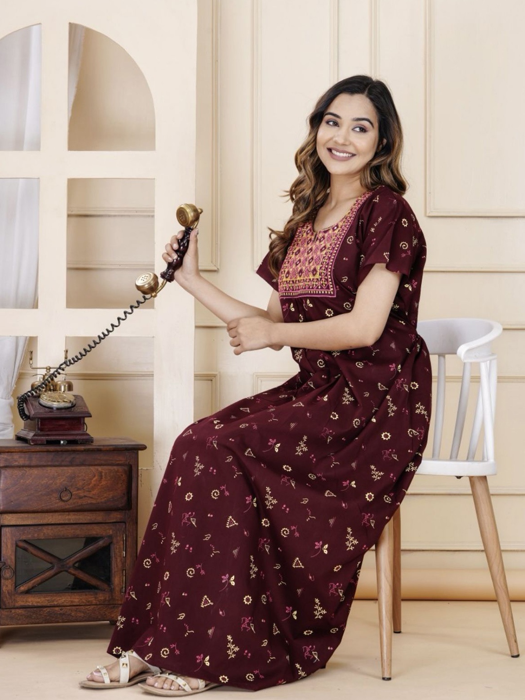 

MAYA PRINT Printed Pure Cotton Maxi Nightdress, Maroon