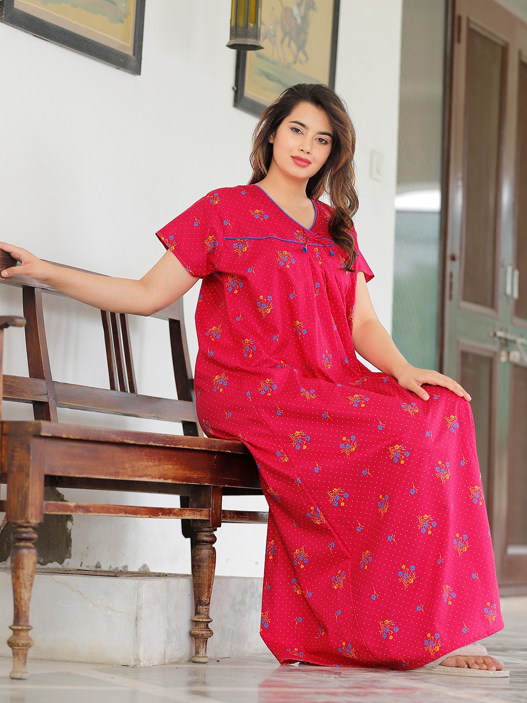 

MAYA PRINT Printed Pure Cotton Maxi Nightdress, Pink