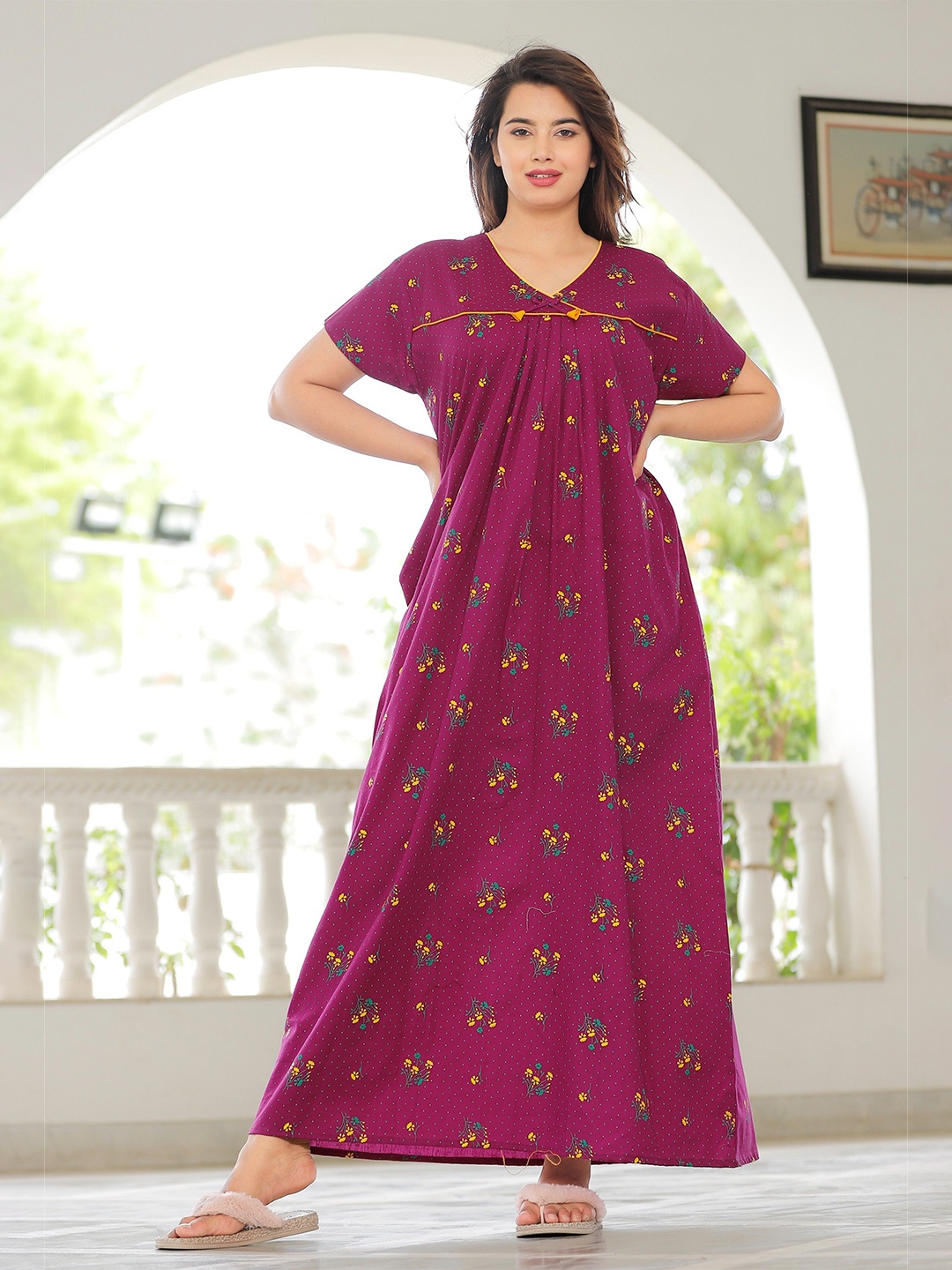 

MAYA PRINT Printed Pure Cotton Maxi Nightdress, Purple