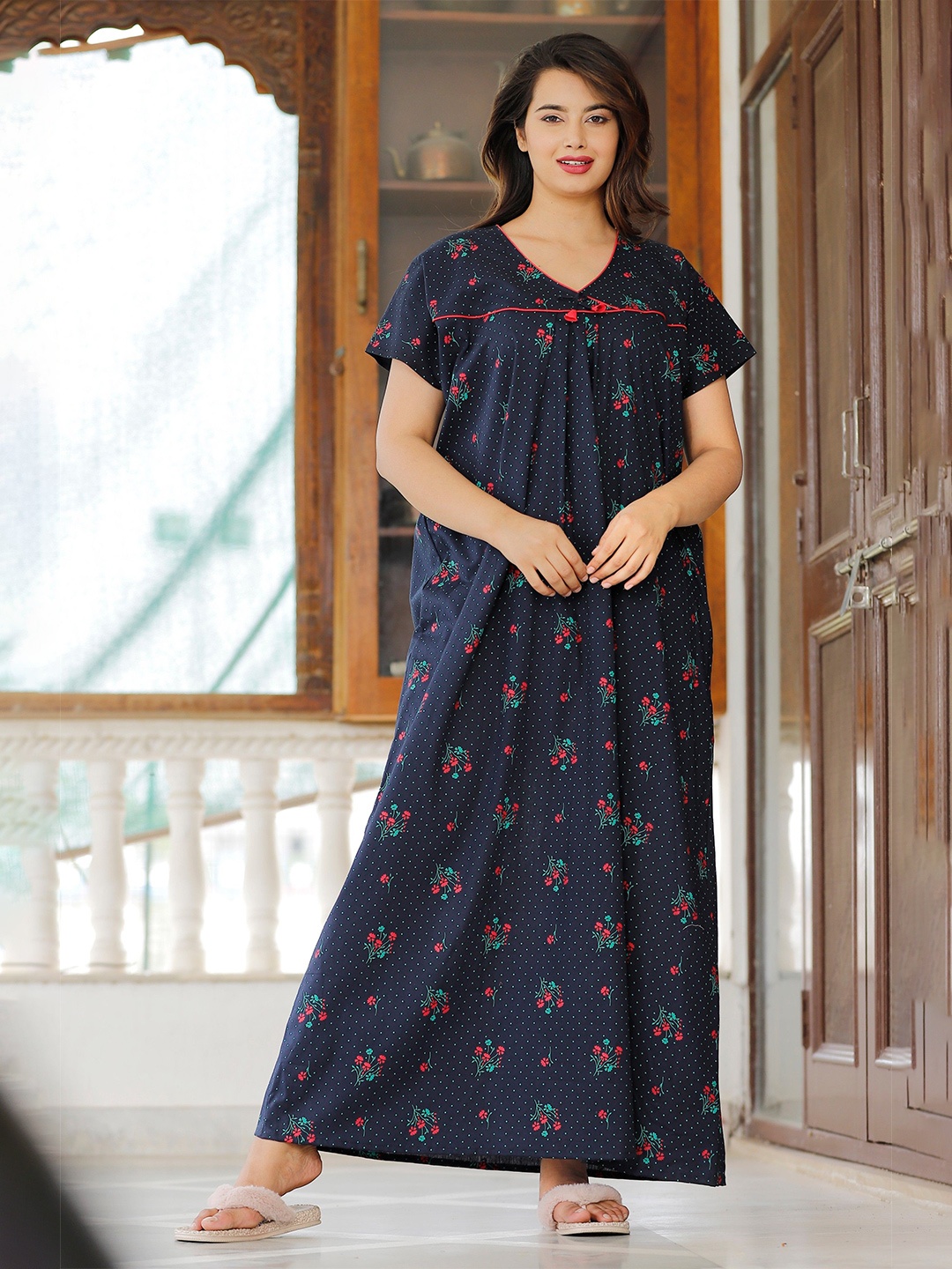 

MAYA PRINT Printed Pure Cotton Maxi Nightdress, Navy blue