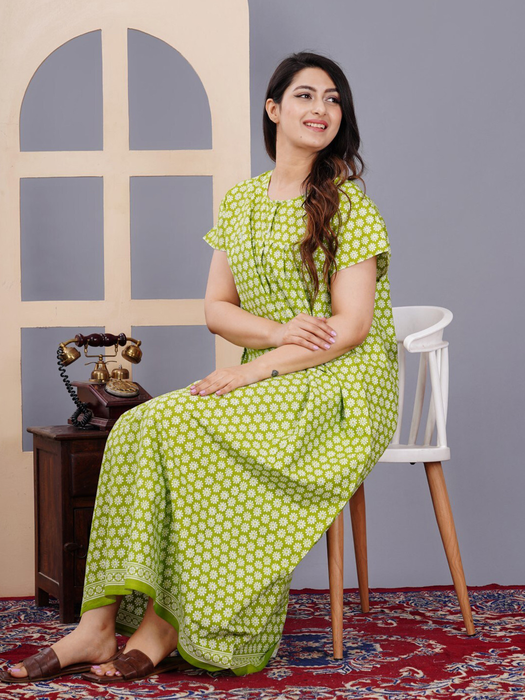 

MAYA PRINT Floral Printed Pure Cotton Maxi Nightdress, Green