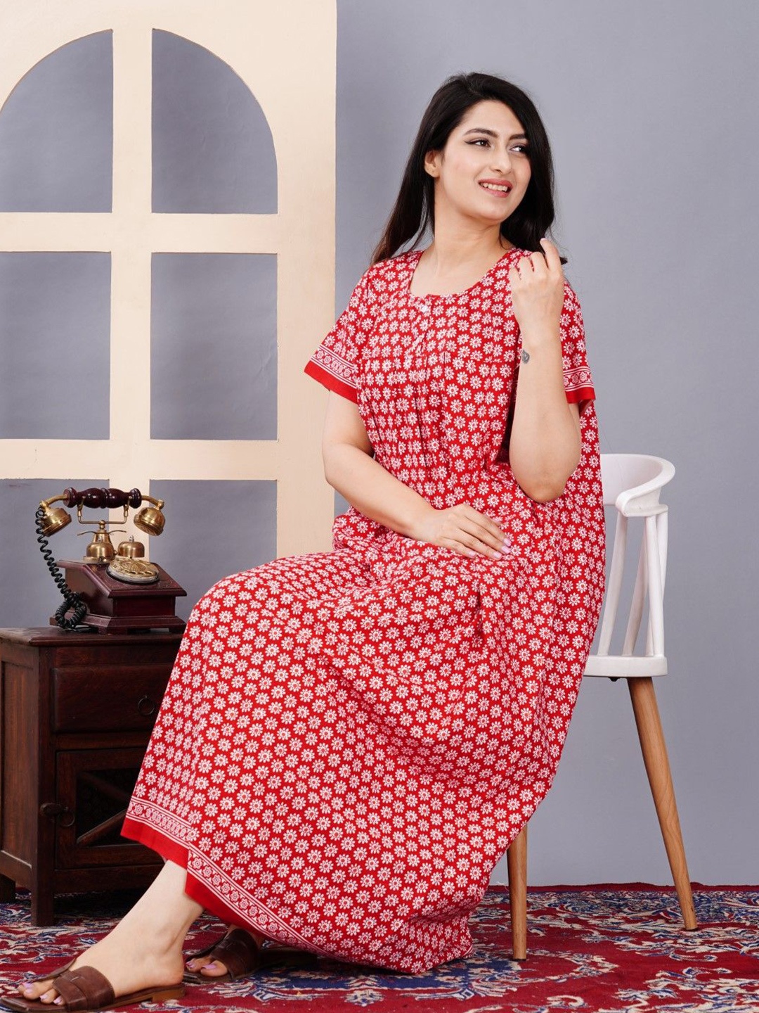 

MAYA PRINT Printed Pure Cotton Maxi Nightdress, Red