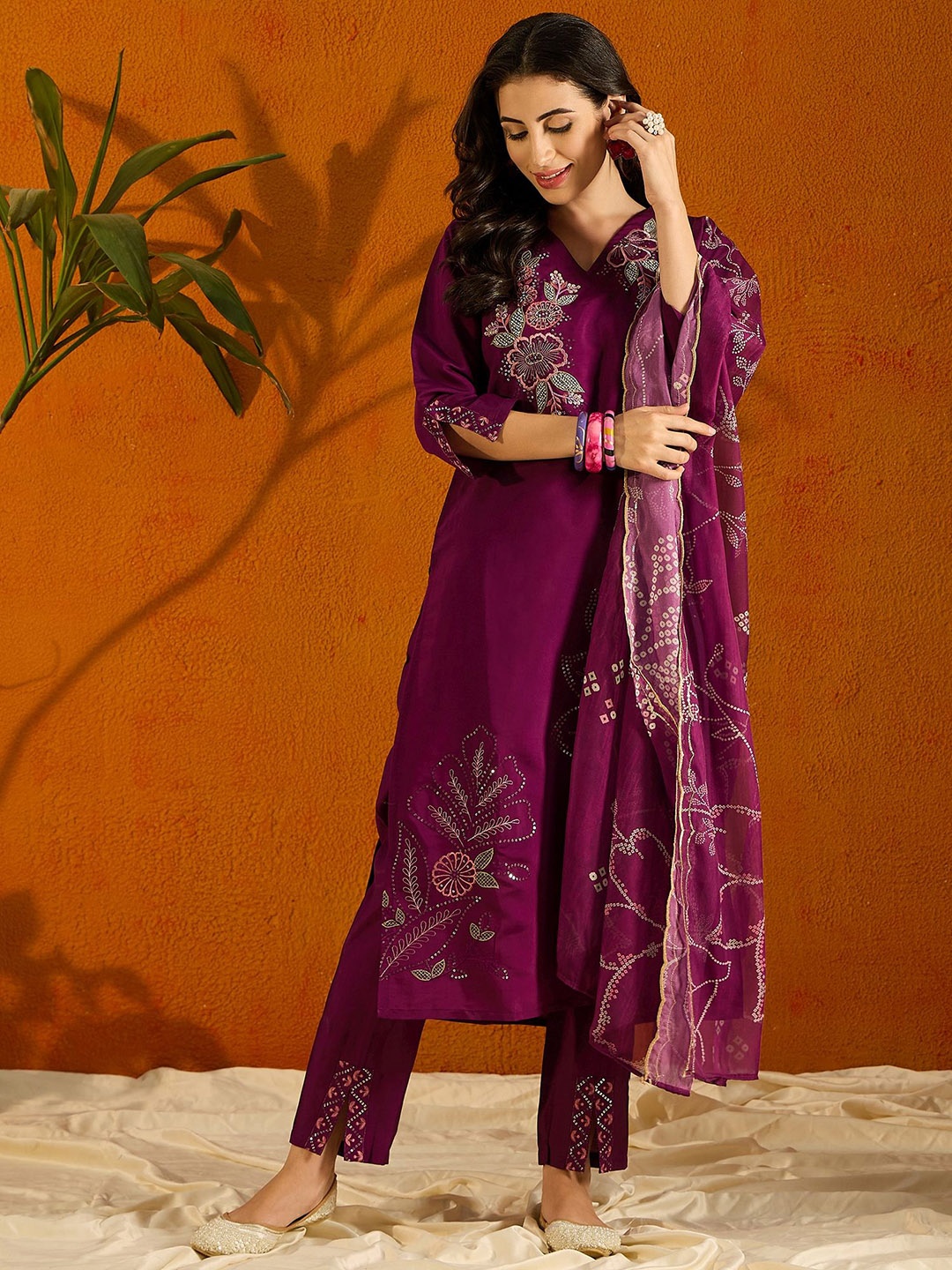 

Anouk Violet Embroidered Regular Straight Kurta With Trousers & Dupatta