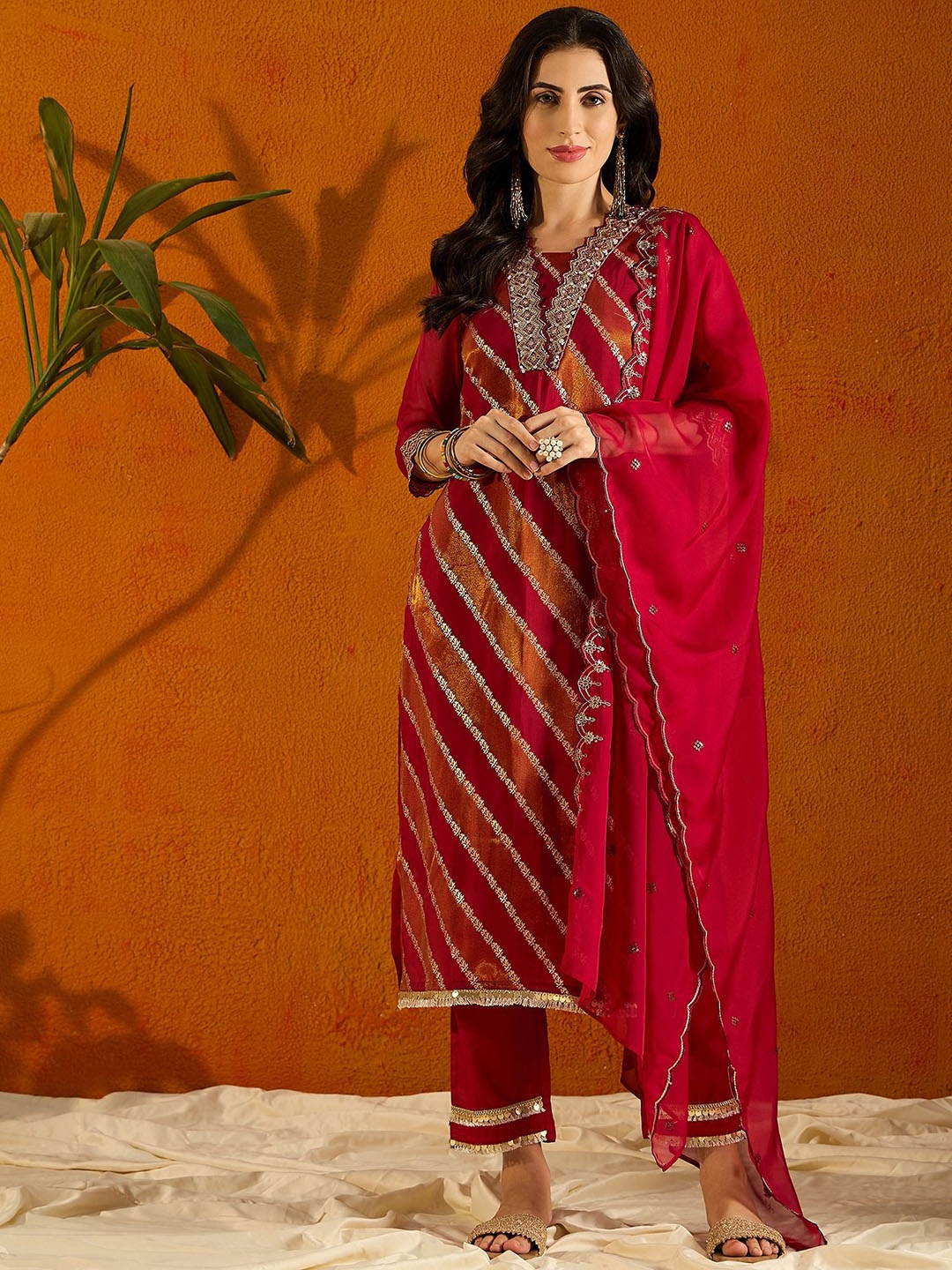 

Anouk Red Embroidered Woven Design Zari Kurta With Trousers & Dupatta