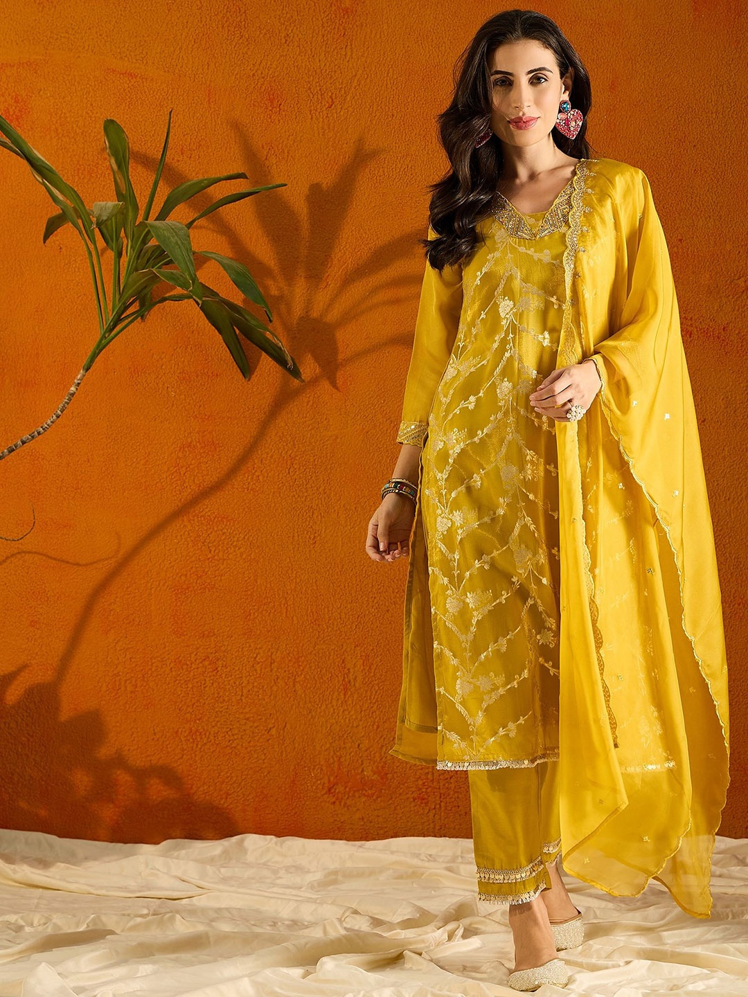 

Anouk Mustard Yellow Embroidered Regular Sequinned Straight Kurta With Trousers & Dupatta