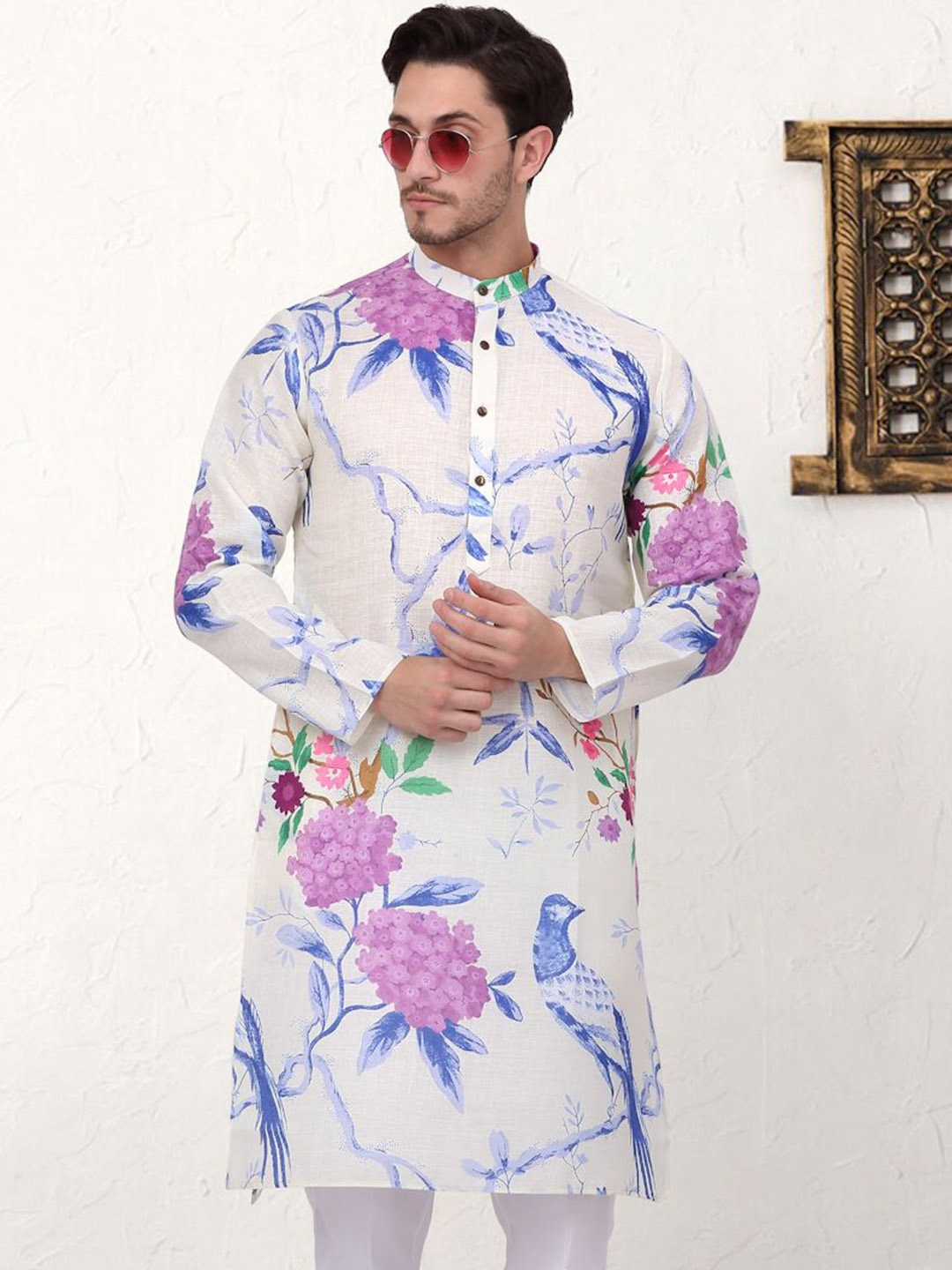 

Jompers Men Floral Printed Mandarin Collar Cotton Straight Kurta, White