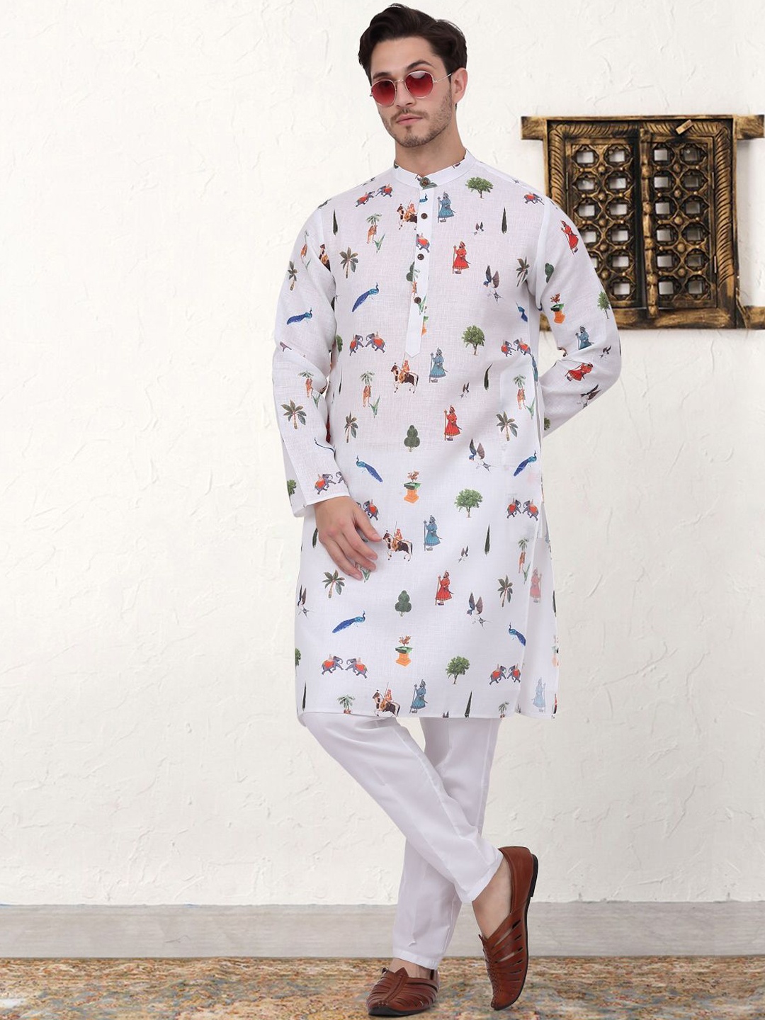 

Jompers Conversational Printed Mandarin Collar Pure Cotton Straight Kurta, White