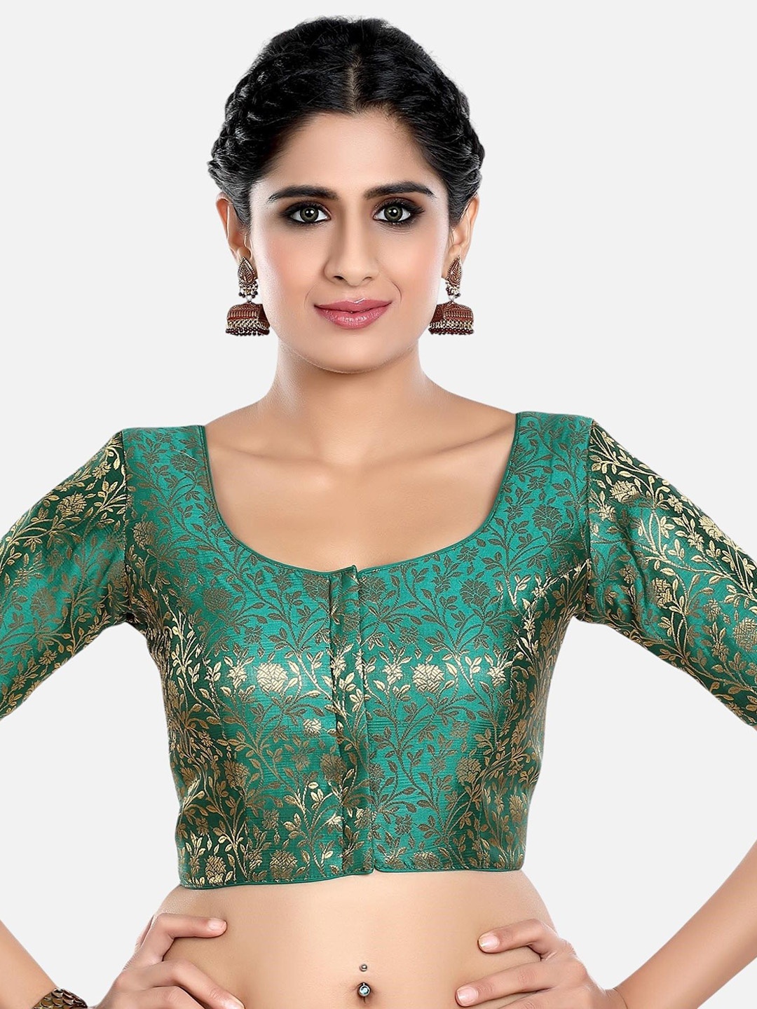 

Biyu Round Neck Short Sleeves Printed Saree Blouse, Green