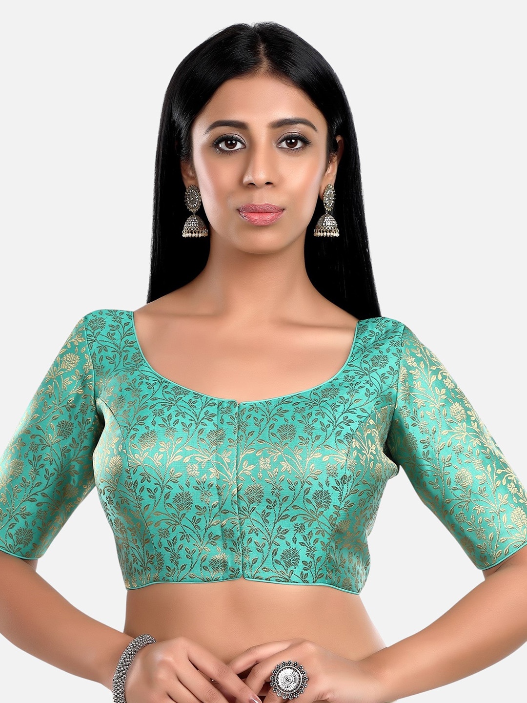 

Biyu Round Neck Printed Short Sleeve Saree Blouse, Green