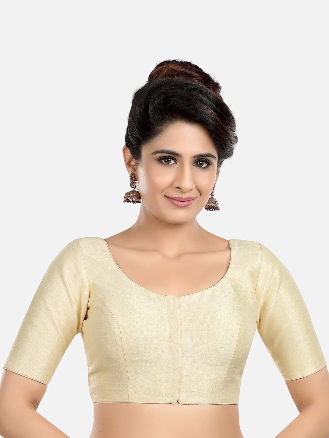 

Biyu Round Neck Short Sleeves Saree Blouse, Cream