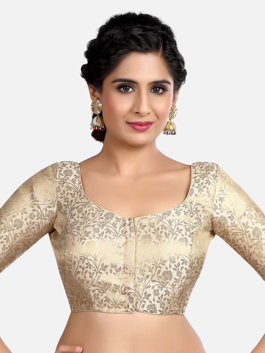 

Biyu Printed Round Neck Saree Blouse, Cream