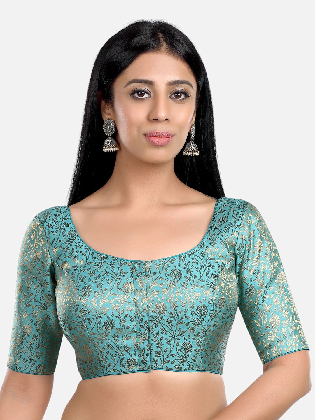 

Biyu Round Neck Short Sleeves Woven-Design Short Sleeve Saree Blouse, Blue