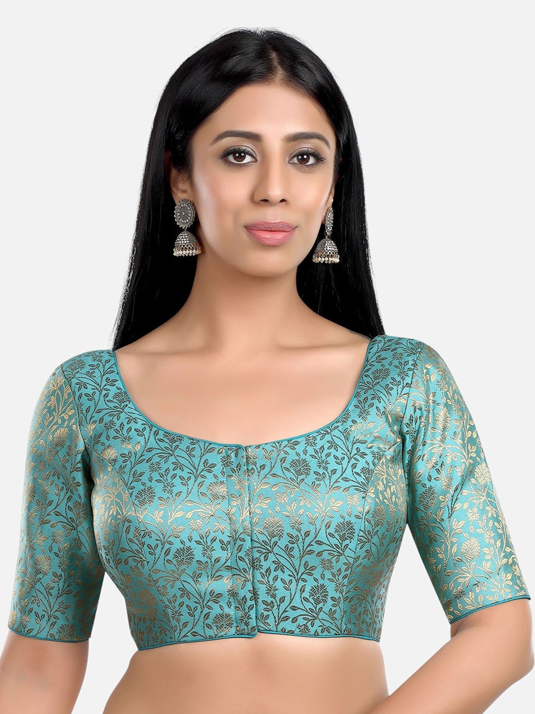 

Biyu Round Neck Short Sleeves Woven-Design Saree Blouse, Blue