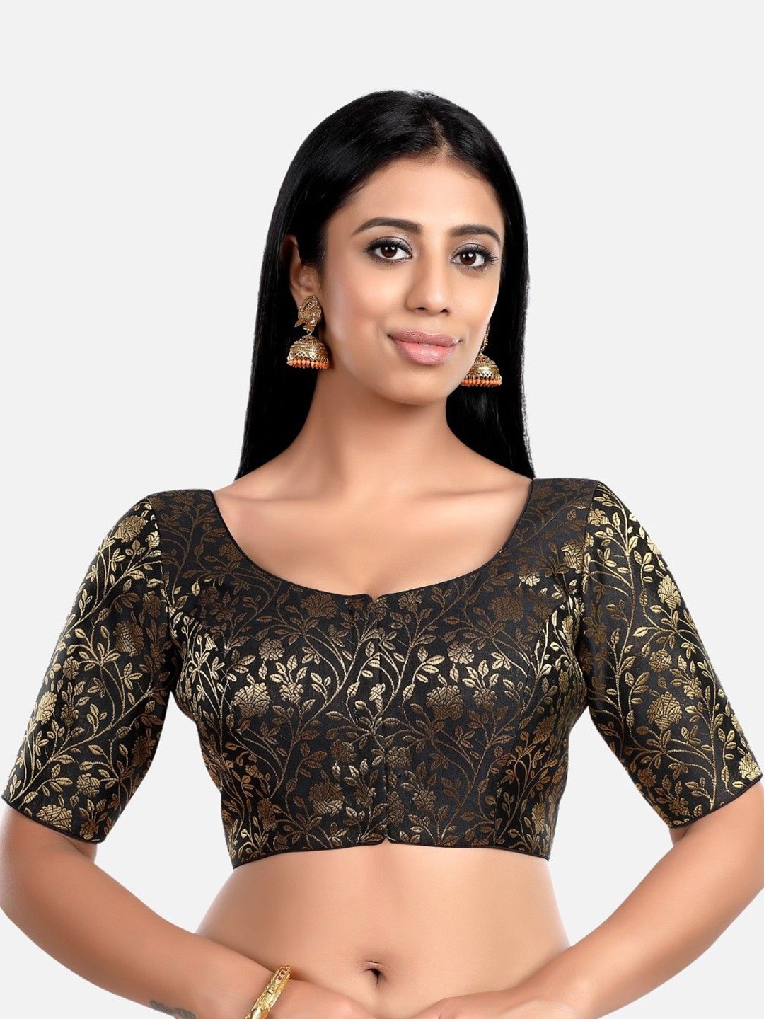 

Biyu Woven-Design Round Neck Short Sleeve Saree Blouse, Black