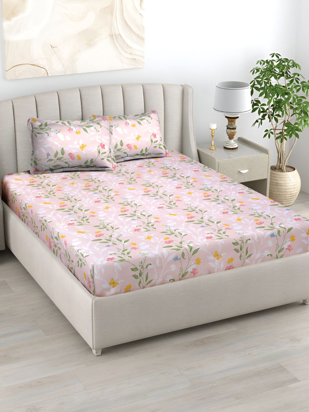 

haus & kinder Pink Floral Pure Cotton 186 TC Fitted Queen Bedsheet & 2 Pillow Covers