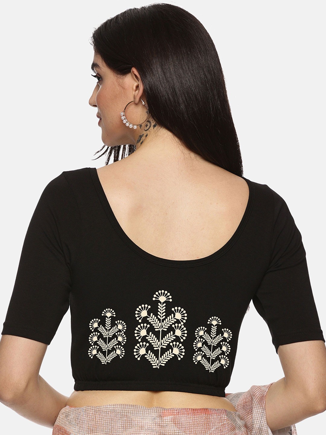

NOT YET by us Printed Round Neck Short Sleeves Stretchable Saree Blouse, Black