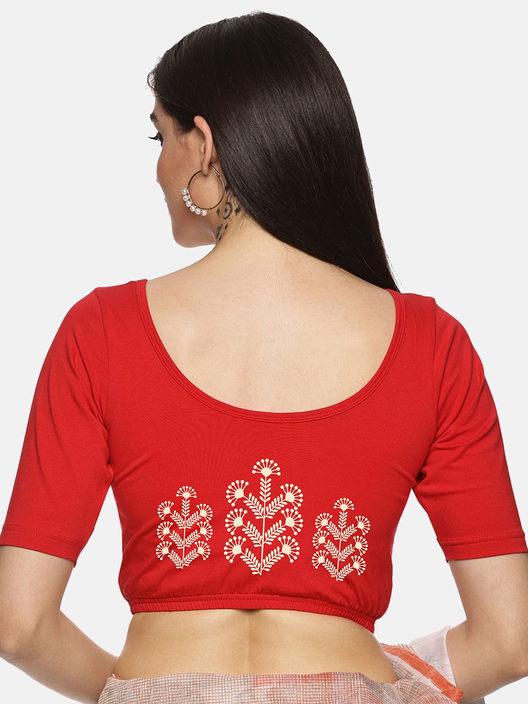 

NOT YET by us Plus Size Printed Round Neck Short Sleeves Stretchable Saree Blouse, Red