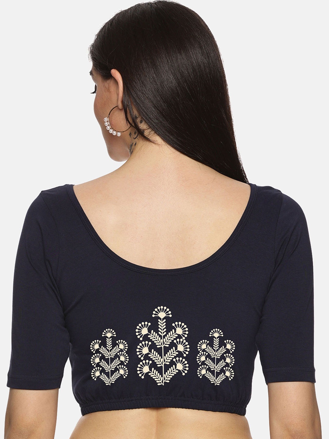 

NOT YET by us Back Printed Short Sleeve Saree Blouse, Navy blue