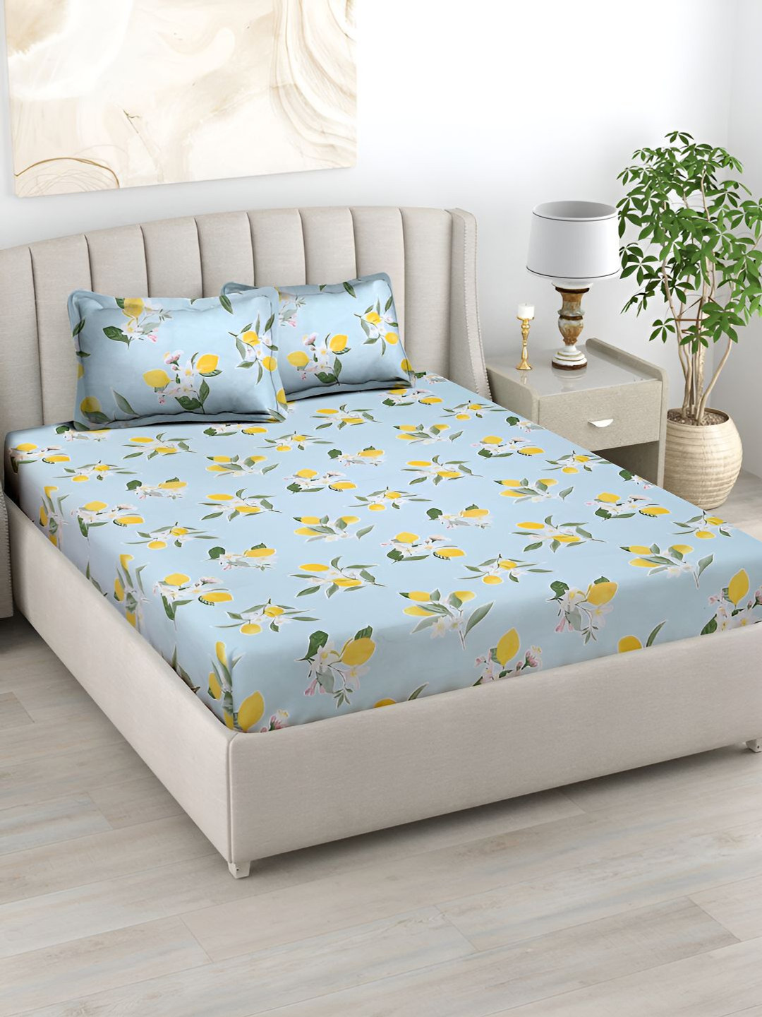 

haus & kinder Green Floral Pure Cotton 186 TC Fitted King Bedsheet & 2 Pillow Covers