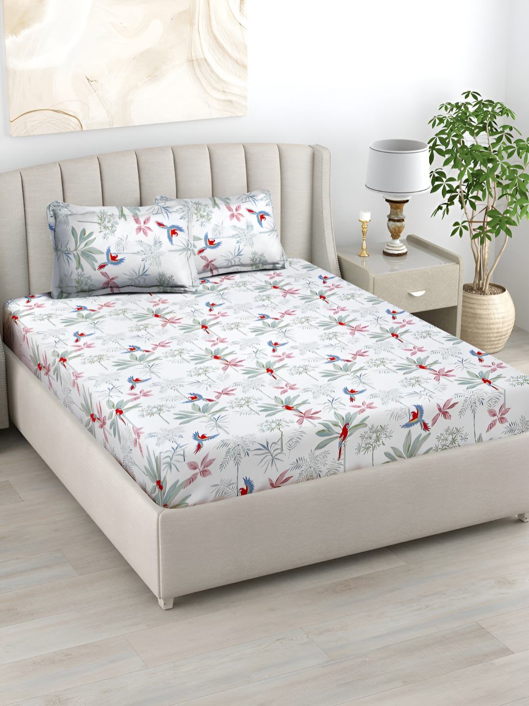 

haus & kinder White & Green Floral Cotton 186 TC King Bedsheet With 2 Pillow Covers
