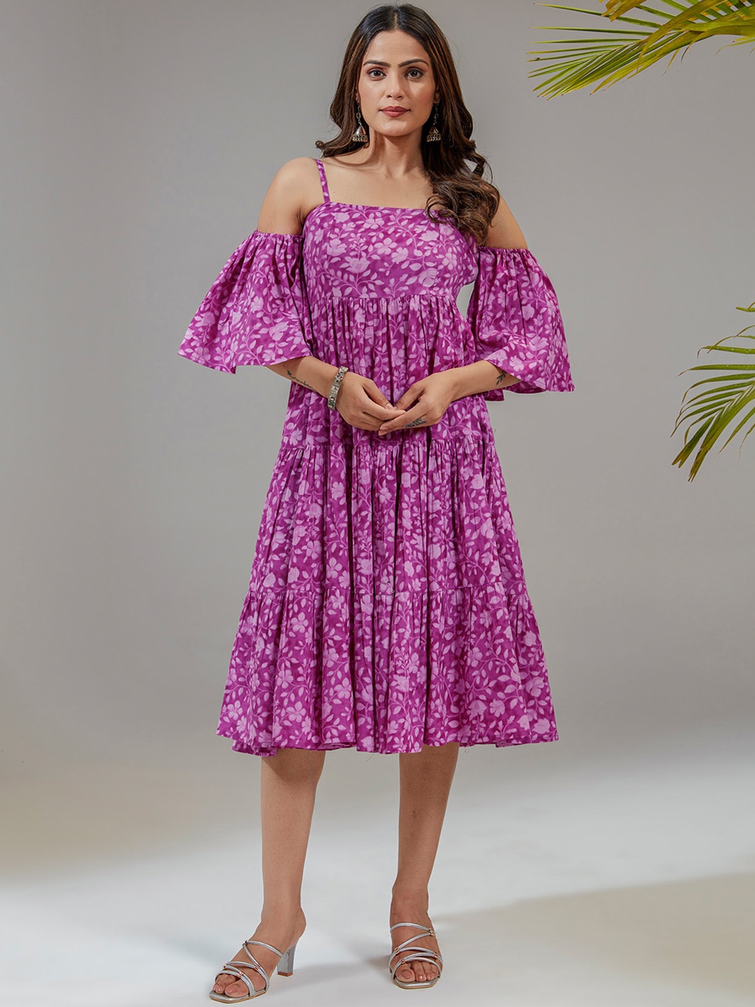 

KASYA Floral Printed Cold-Shoulder Gathered Tiered Cotton Fit & Flare Midi Dress, Pink