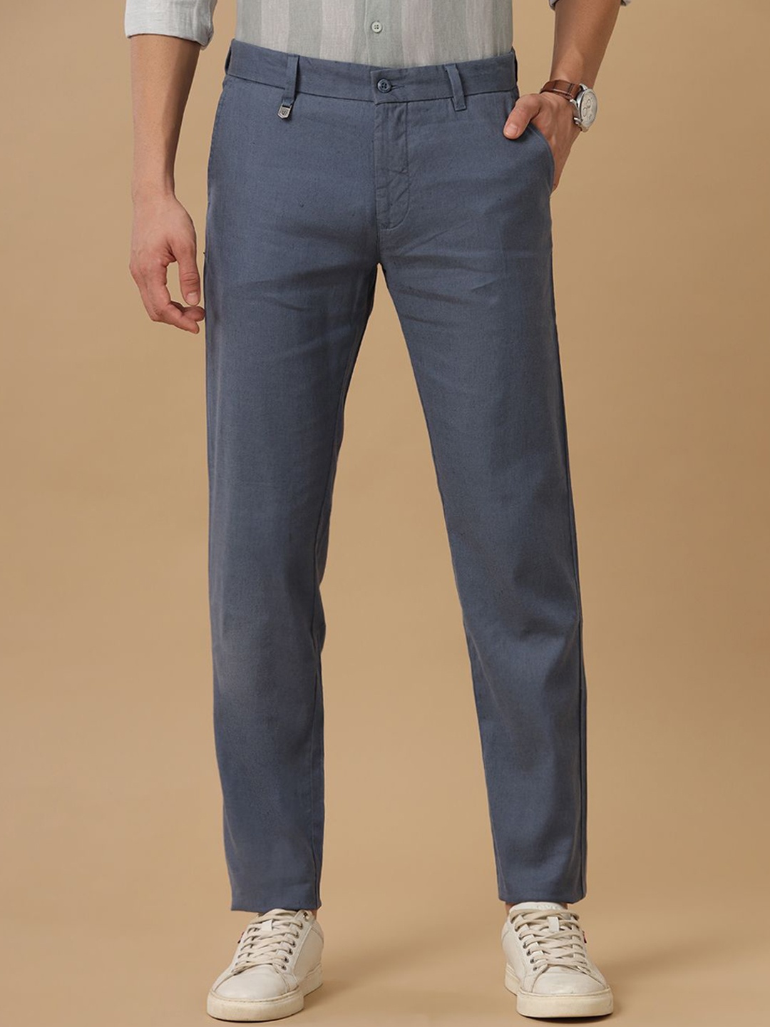 

Linen Club Men Slim Fit Mid Rise Linen Regular Trousers, Blue