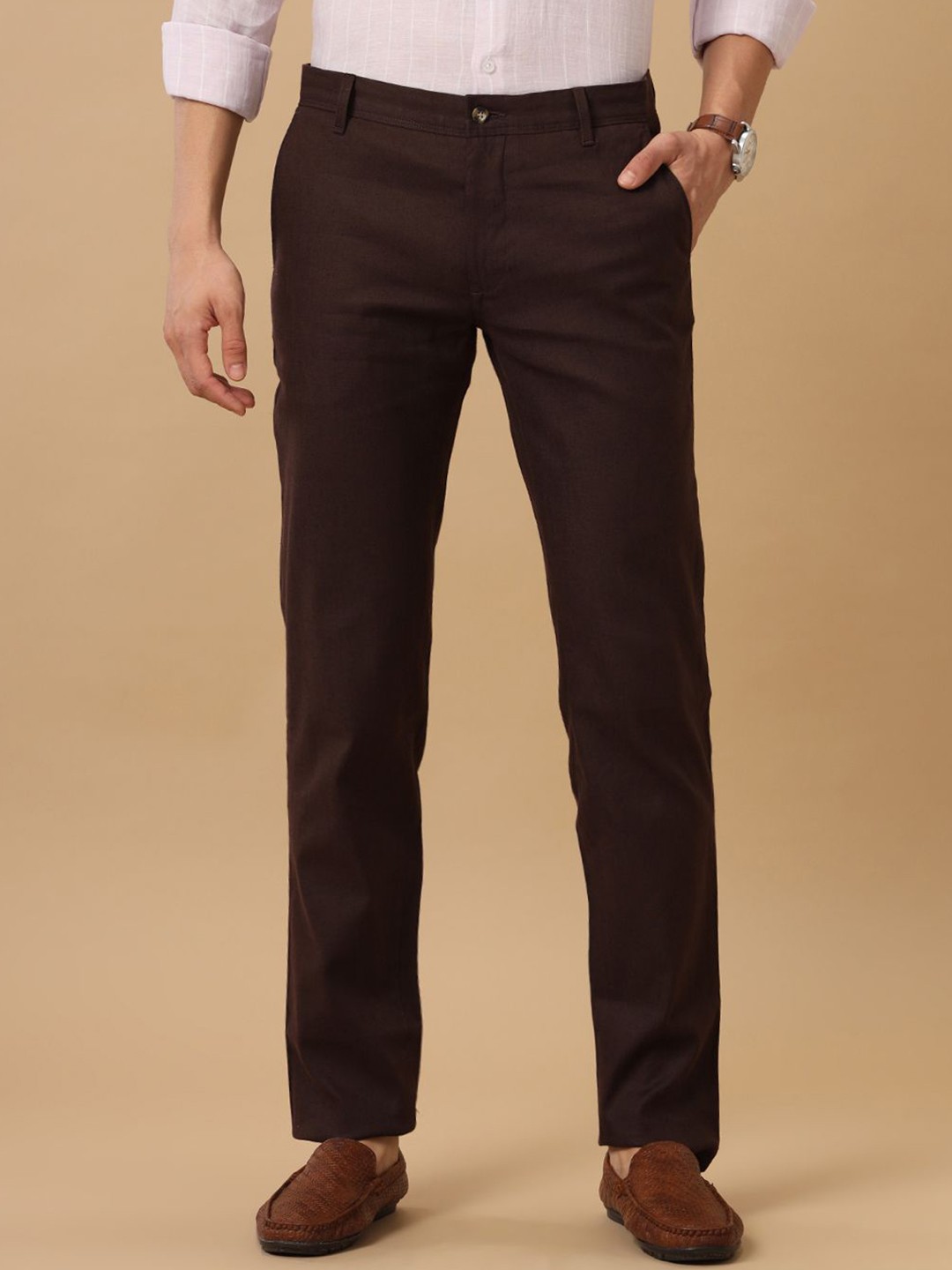 

Linen Club Men Slim Fit Mid Rise Chinos Trousers, Brown