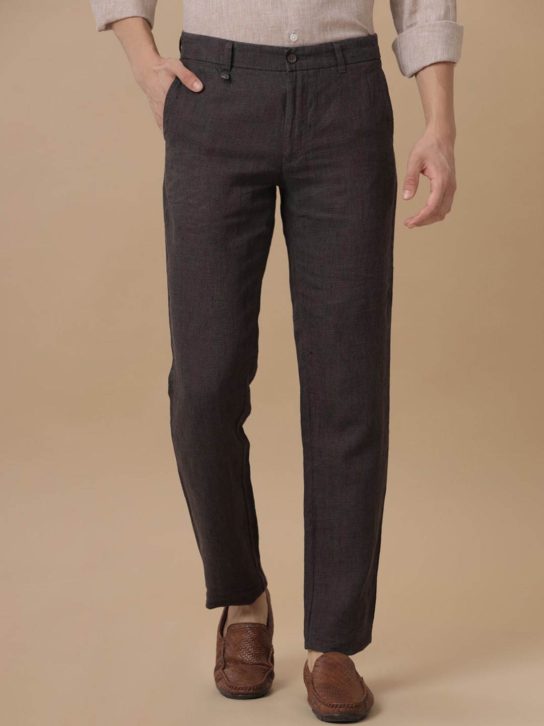 

Linen Club Men Pure Linen Slim Fit Mid Rise Trousers, Brown