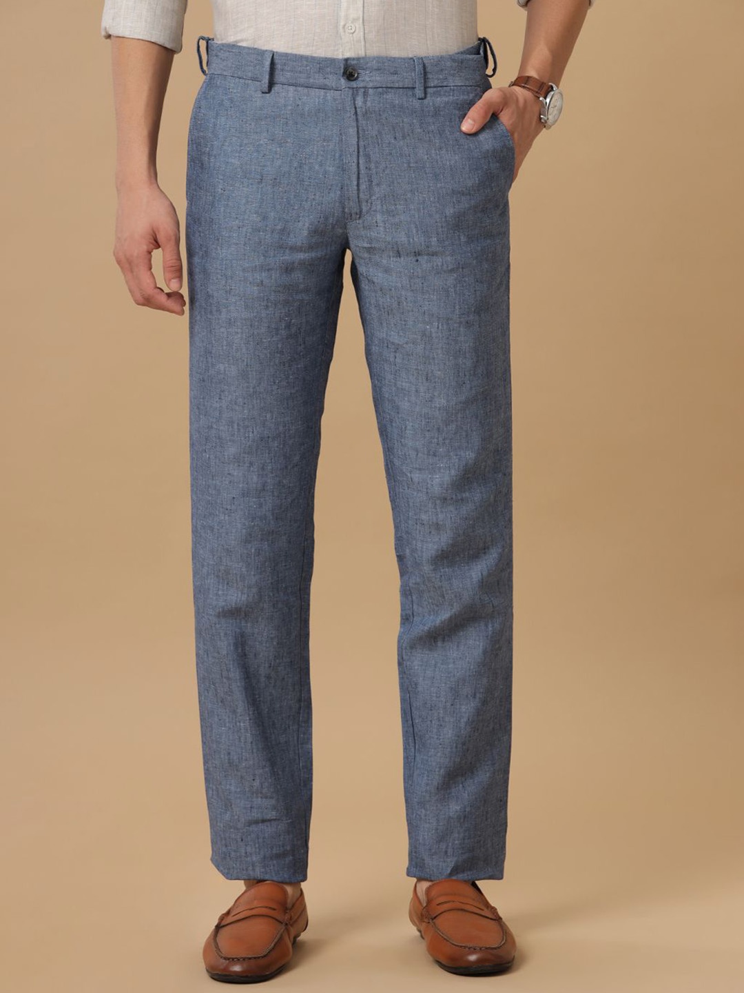 

Linen Club Men Textured Slim Fit Linen Regular Trousers, Blue