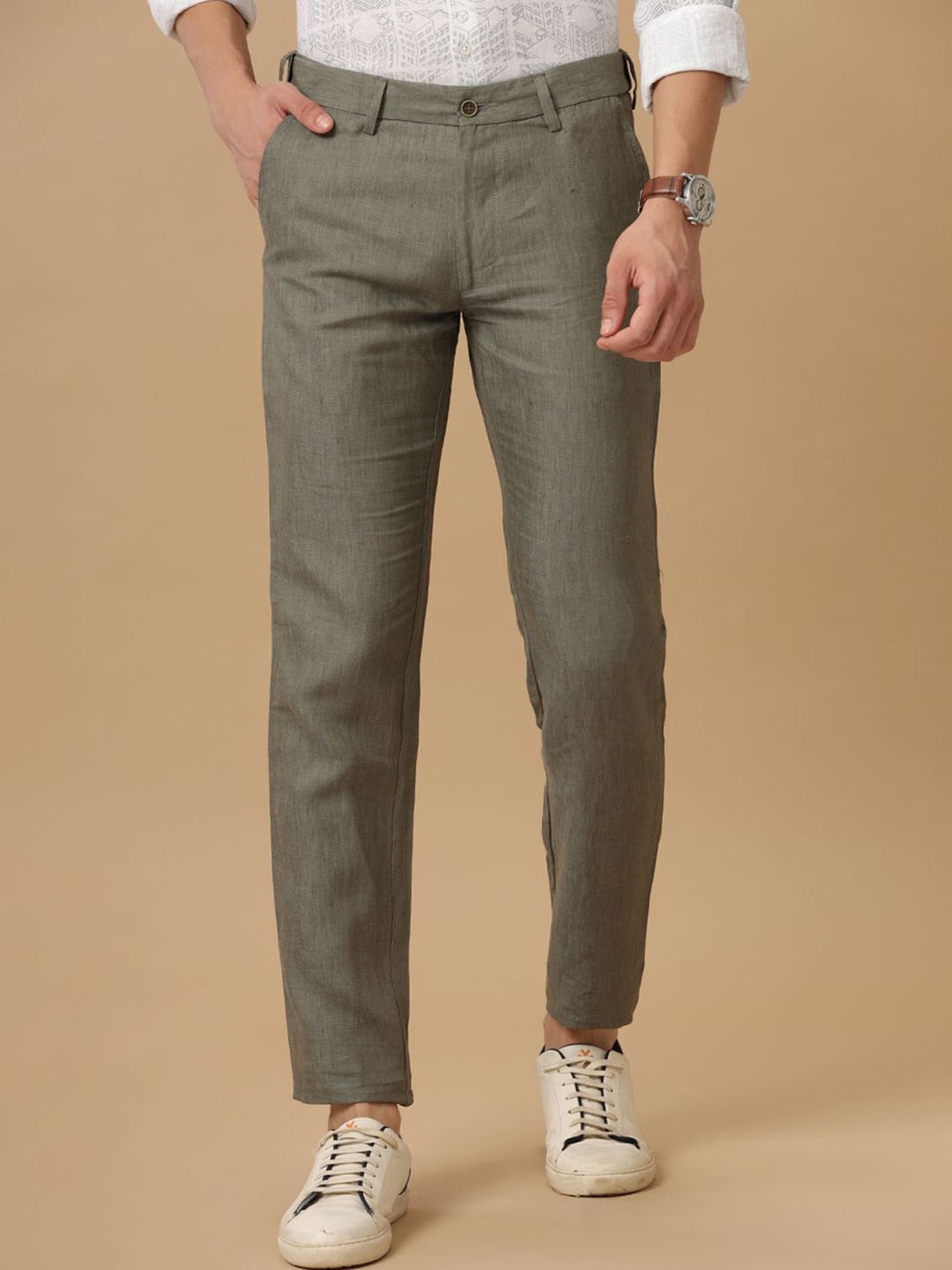 

Linen Club Men Slim Fit Mid Rise Linen Regular Trousers, Green