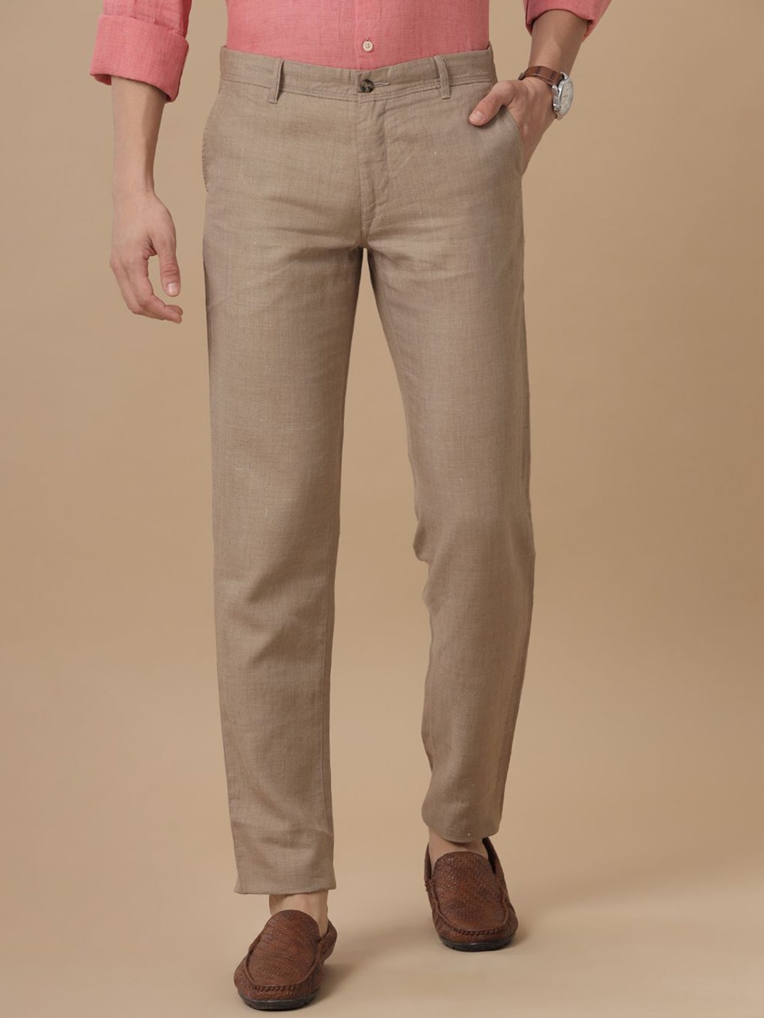 

Linen Club Men Textured Slim Fit Mid Rise Linen Regular Trousers, Brown