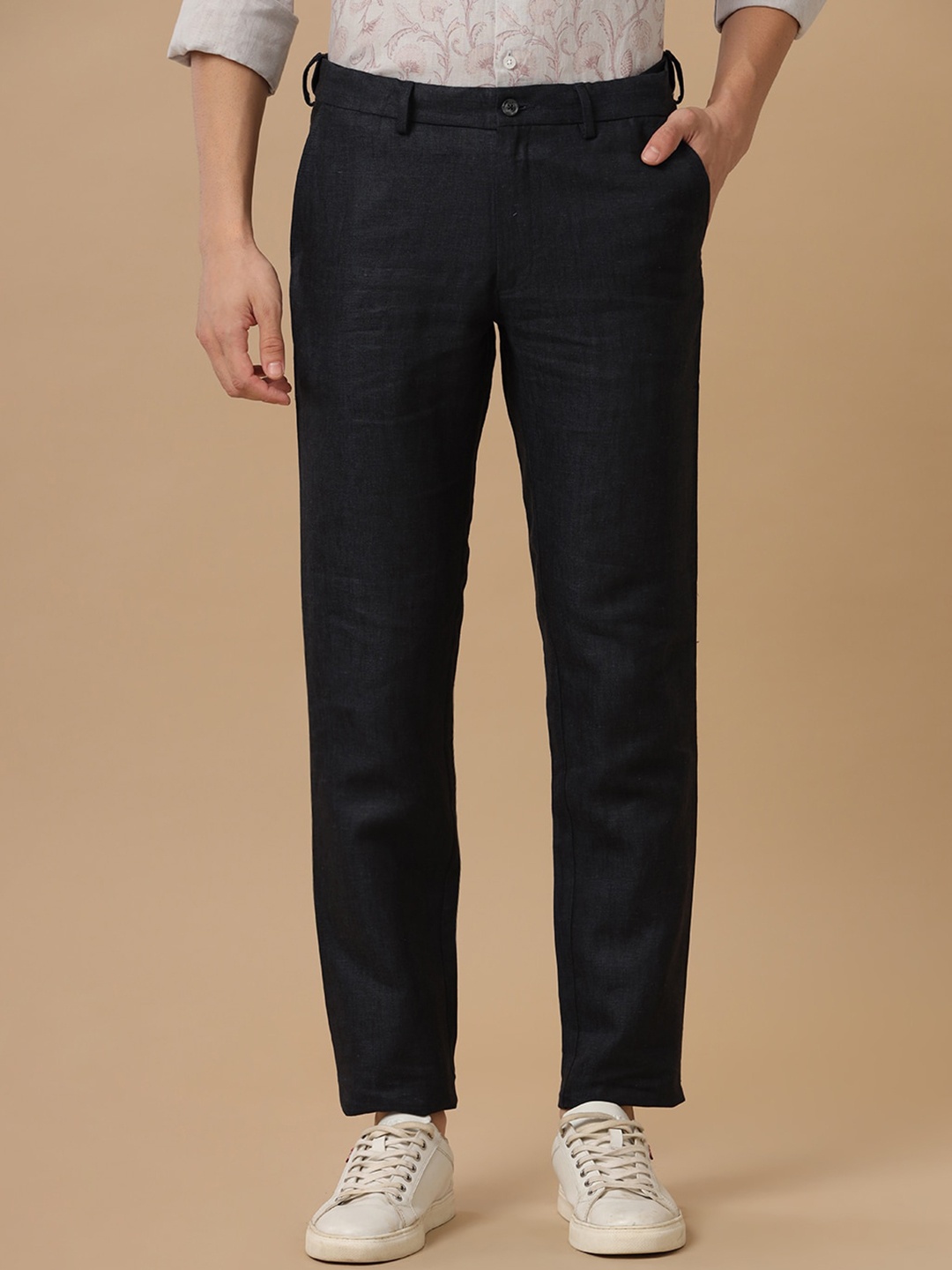 

Linen Club Men Pure Linen Slim Fit Mid Rise Trousers, Blue