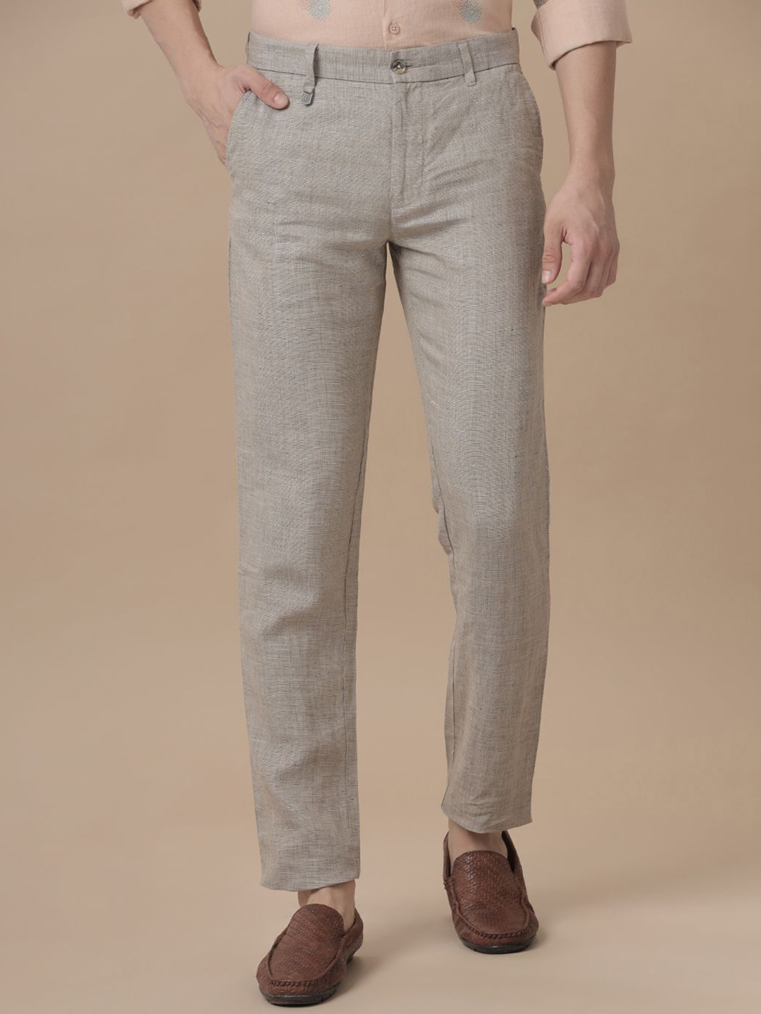 

Linen Club Men Textured Slim Fit Mid Rise Linen Regular Trousers, Brown