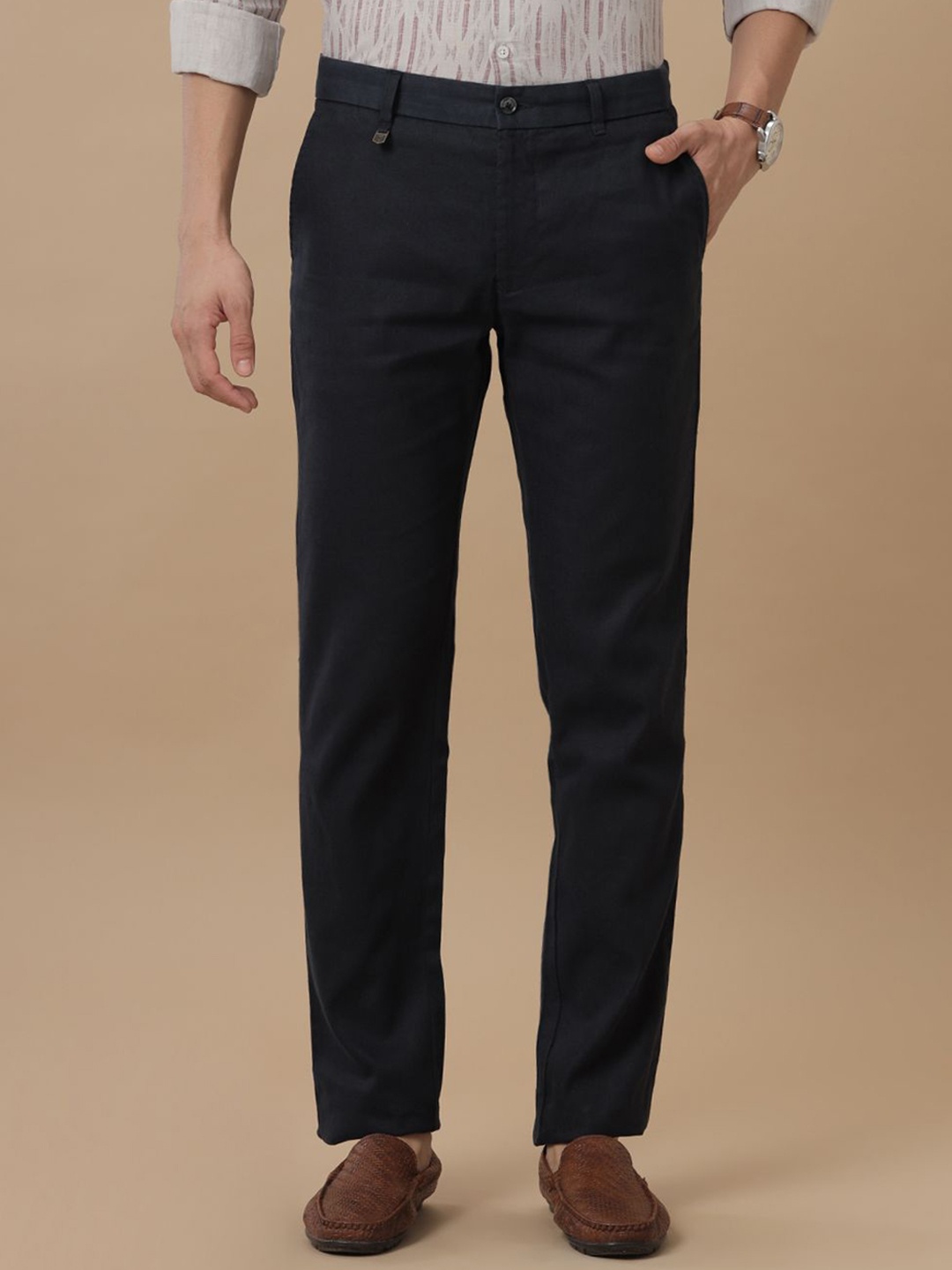 

Linen Club Men Slim Fit Mid Rise Regular Trousers, Blue