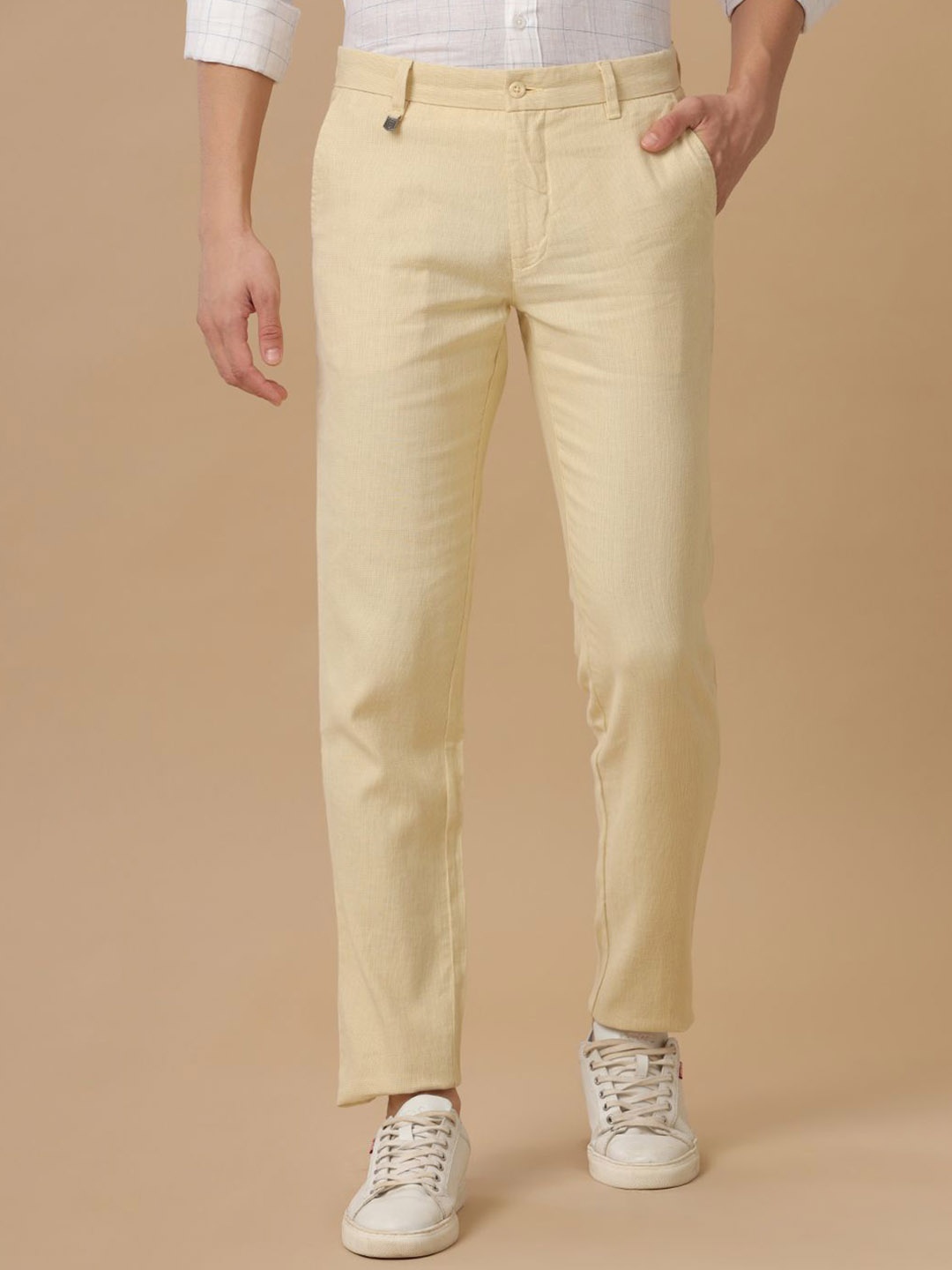 

Linen Club Men Slim Fit Mid Rise Pure Linen Regular Trousers, Yellow