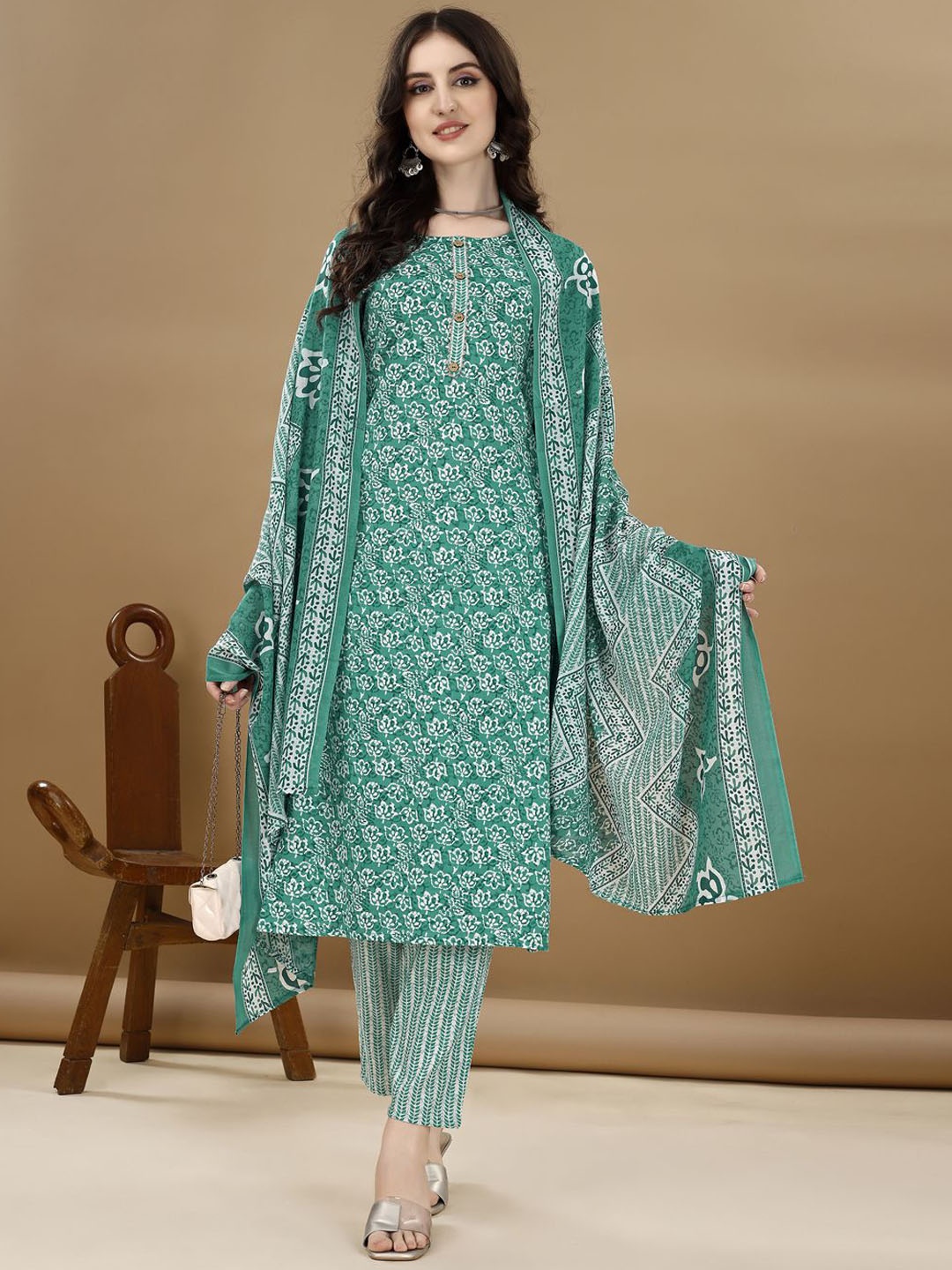 

KALINI Floral Printed Round Neck Straight Kurta with Trousers & Dupatta, Blue