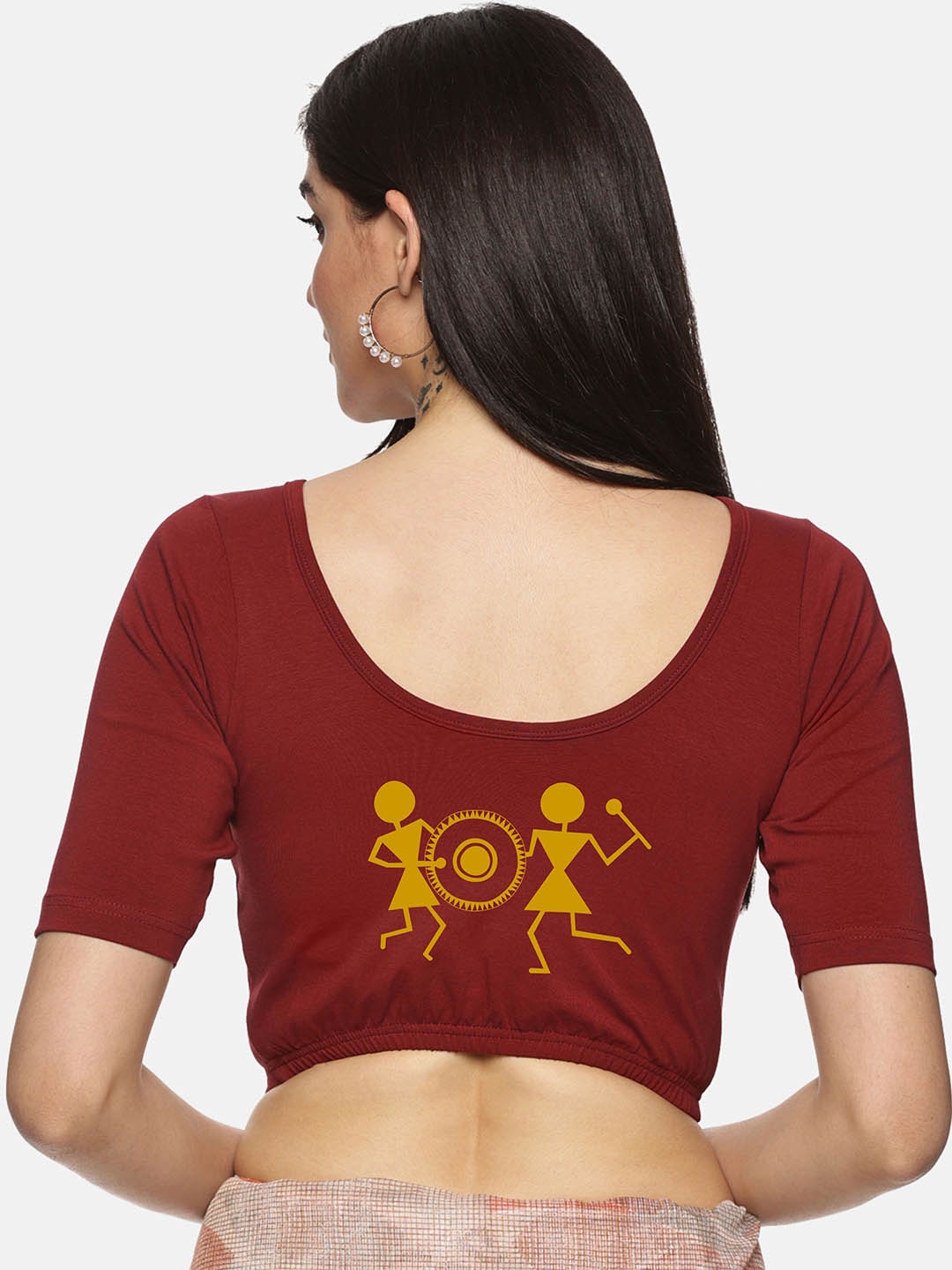 

NOT YET by us Printed Round Neck Short Sleeves Stretchable Saree Blouse, Maroon