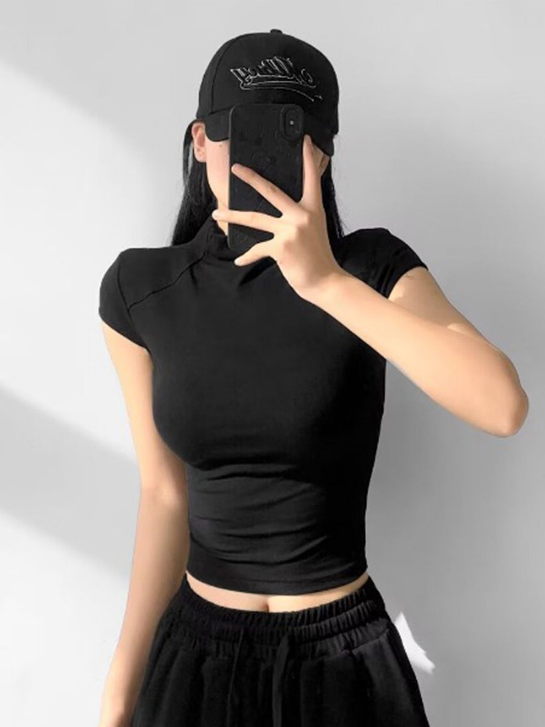 

LULU & SKY High Neck Cap Sleeves Fitted Casual Crop Top, Black
