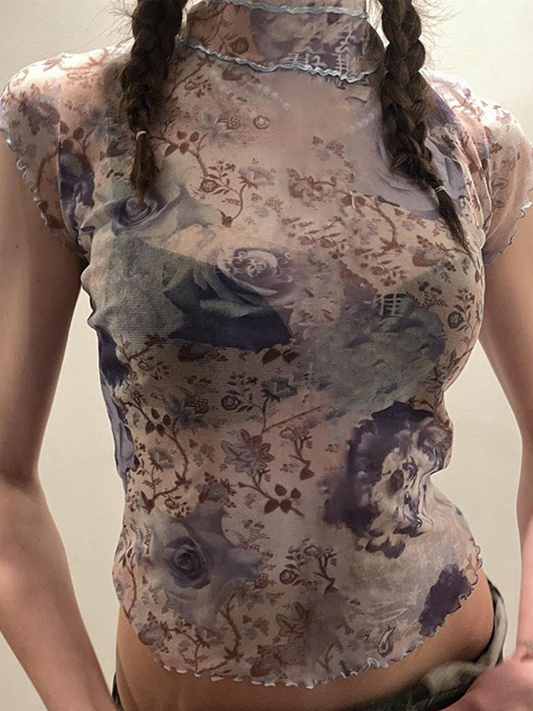 

LULU & SKY Floral Printed High Neck Semi Sheer Top, Brown