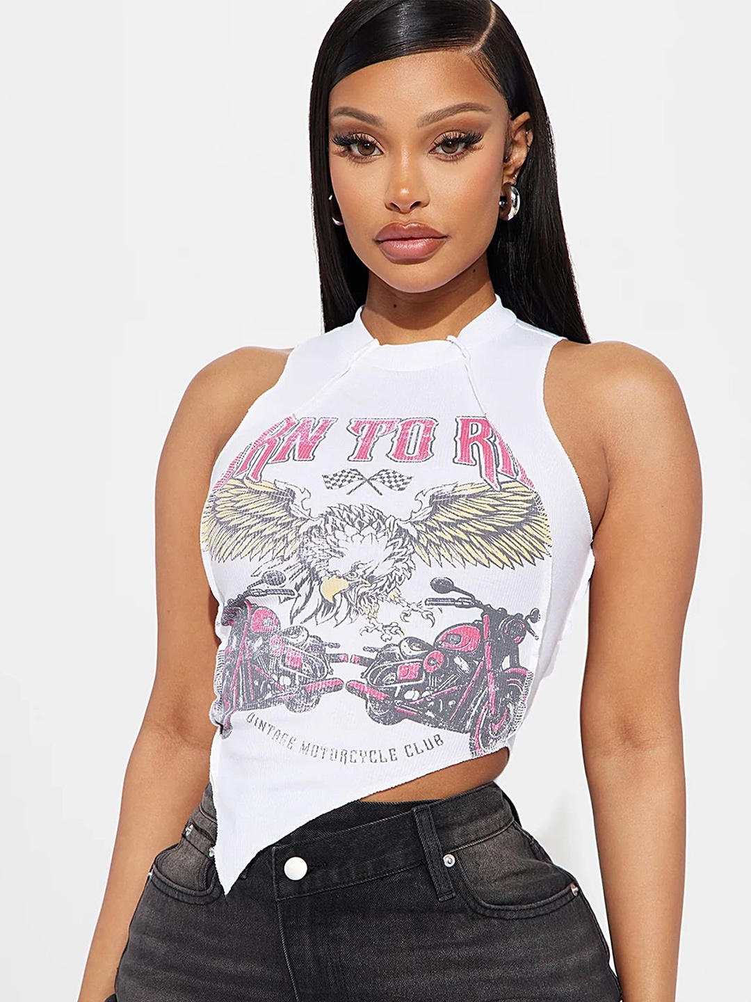 

LULU & SKY White Graphic Printed Sleeveless Fitted Crop Top