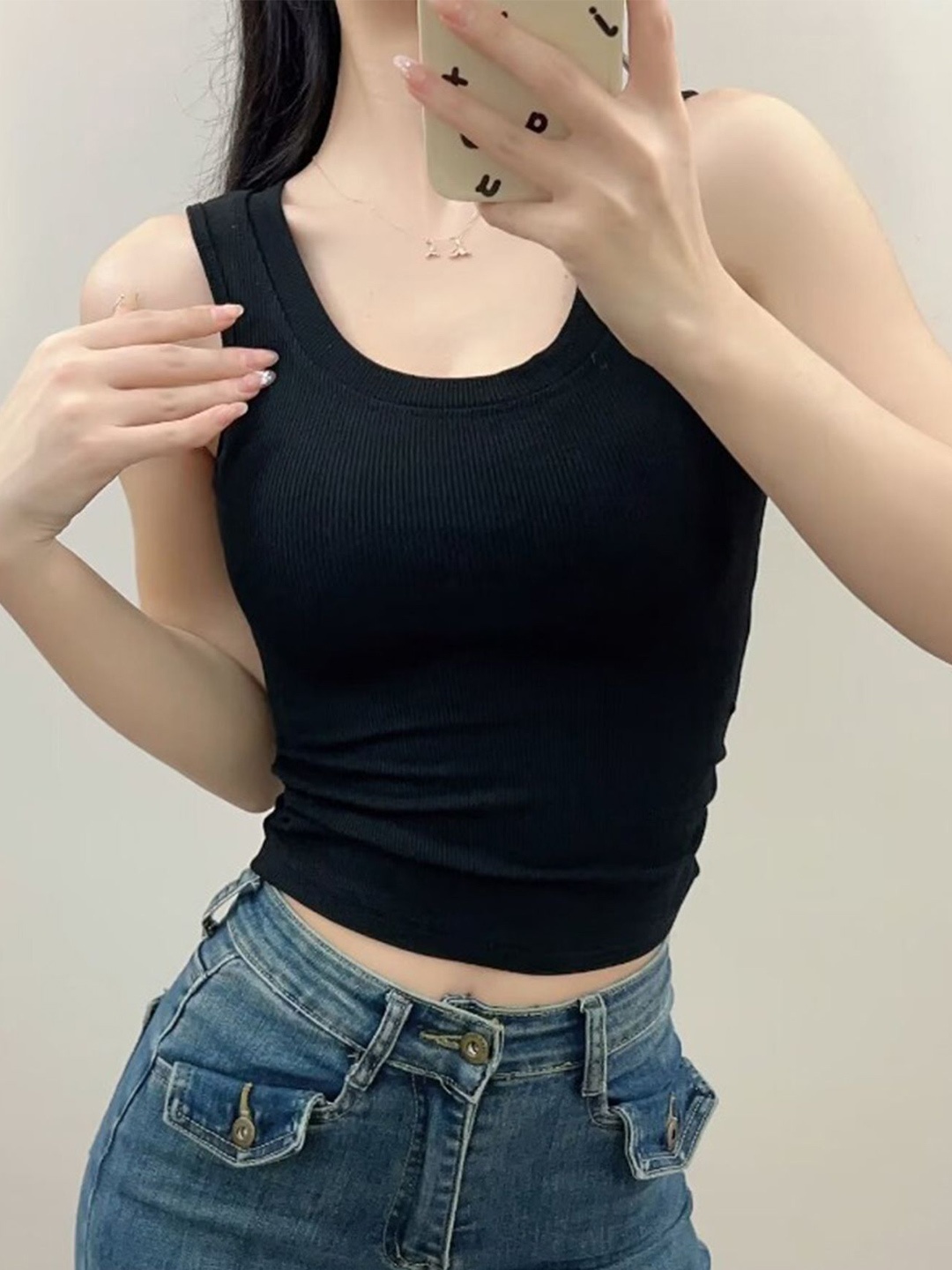 

LULU & SKY Black Shoulder Straps Tank Crop Top