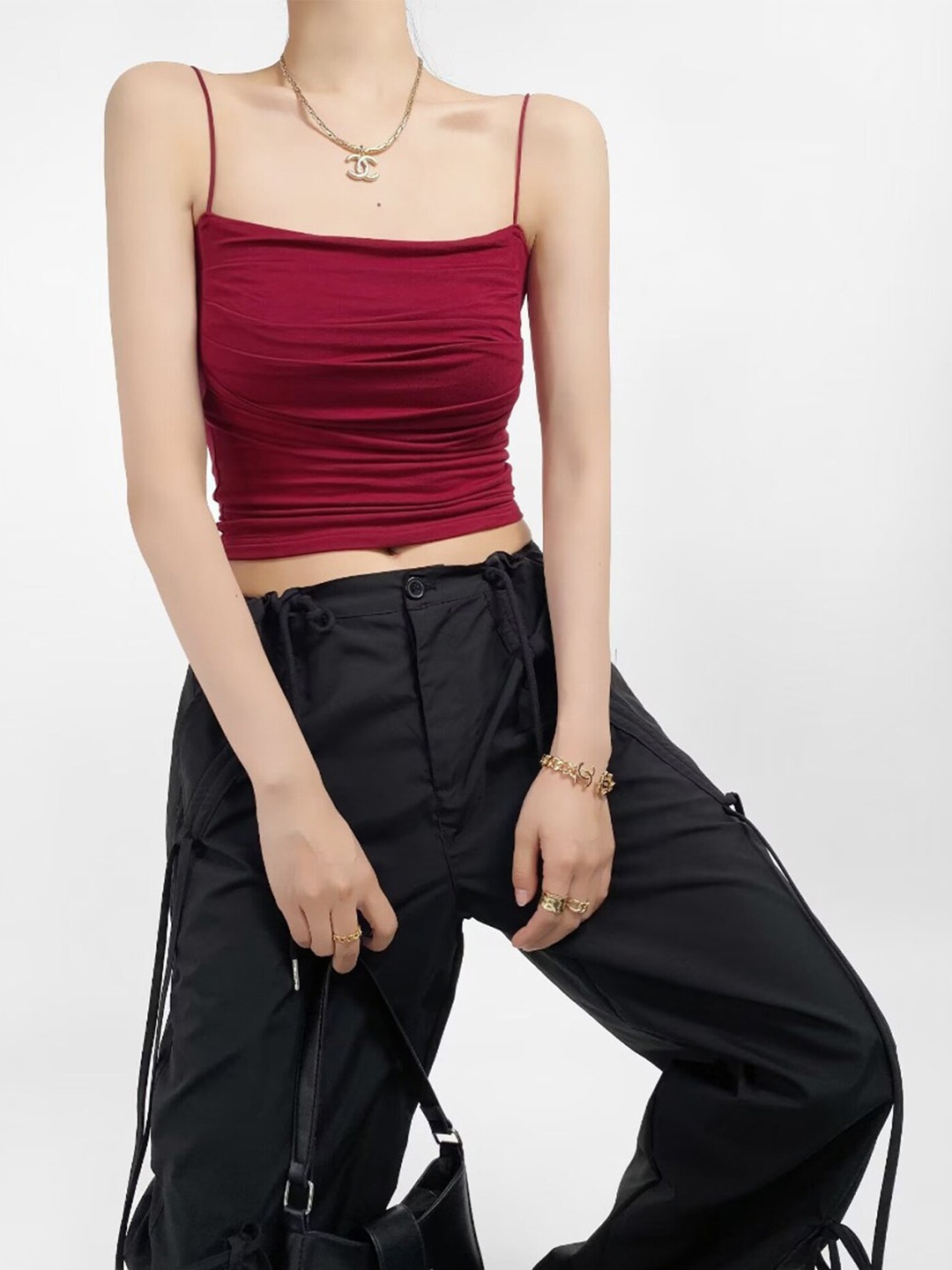 

LULU & SKY Shoulder Straps Sleeveless Fitted Crop Top, Burgundy