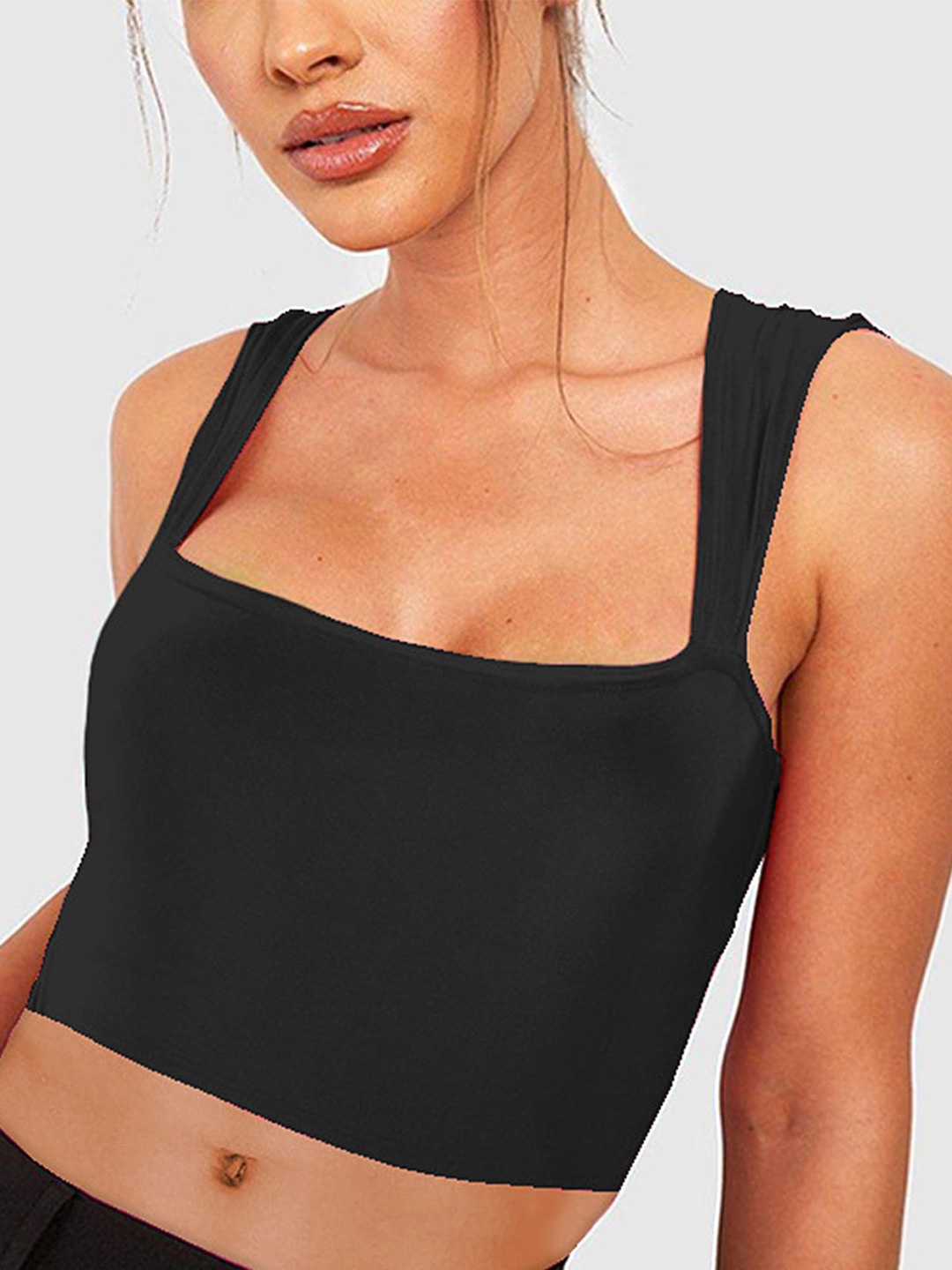 

LULU & SKY Black Shoulder Strap Fitted Crop Top