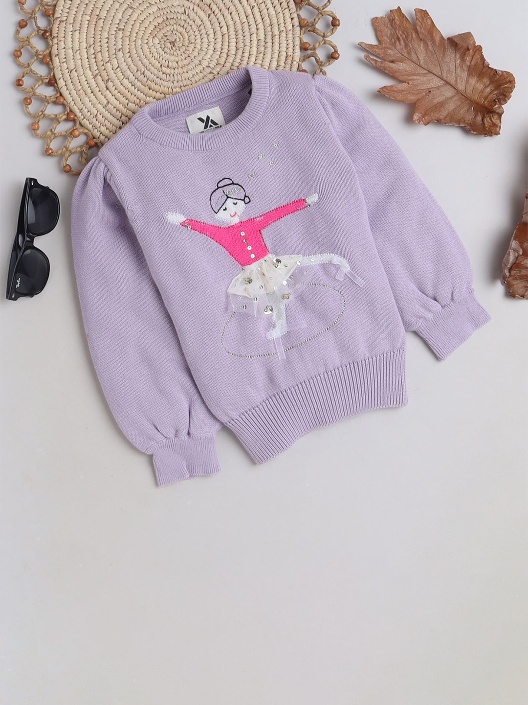 

Yellow Apple Girls Self Design Printed Pullover Sweaters, Lavender