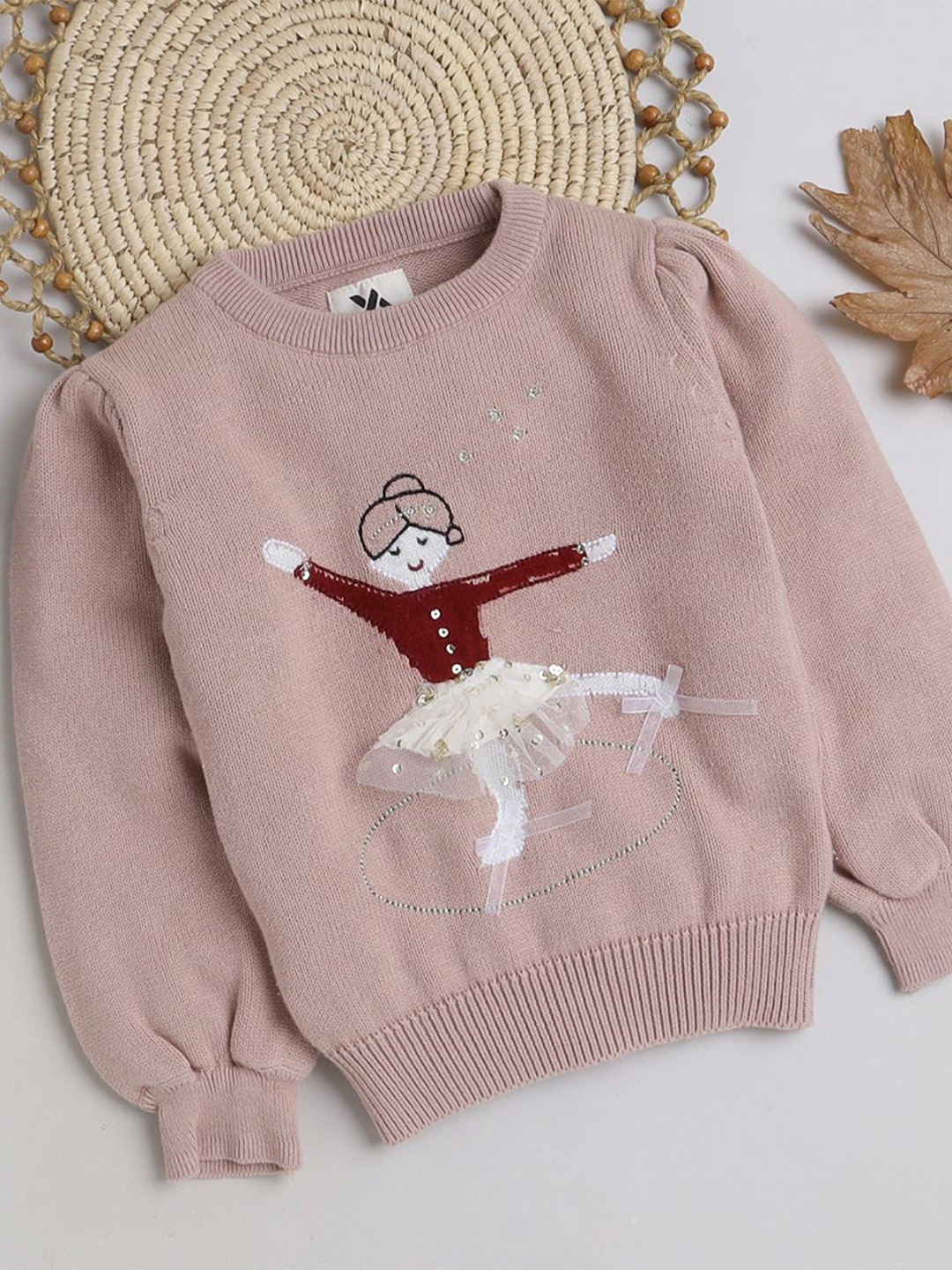 

Yellow Apple Girls Embroidered Embellished Woollen Pullover Sweater, Pink