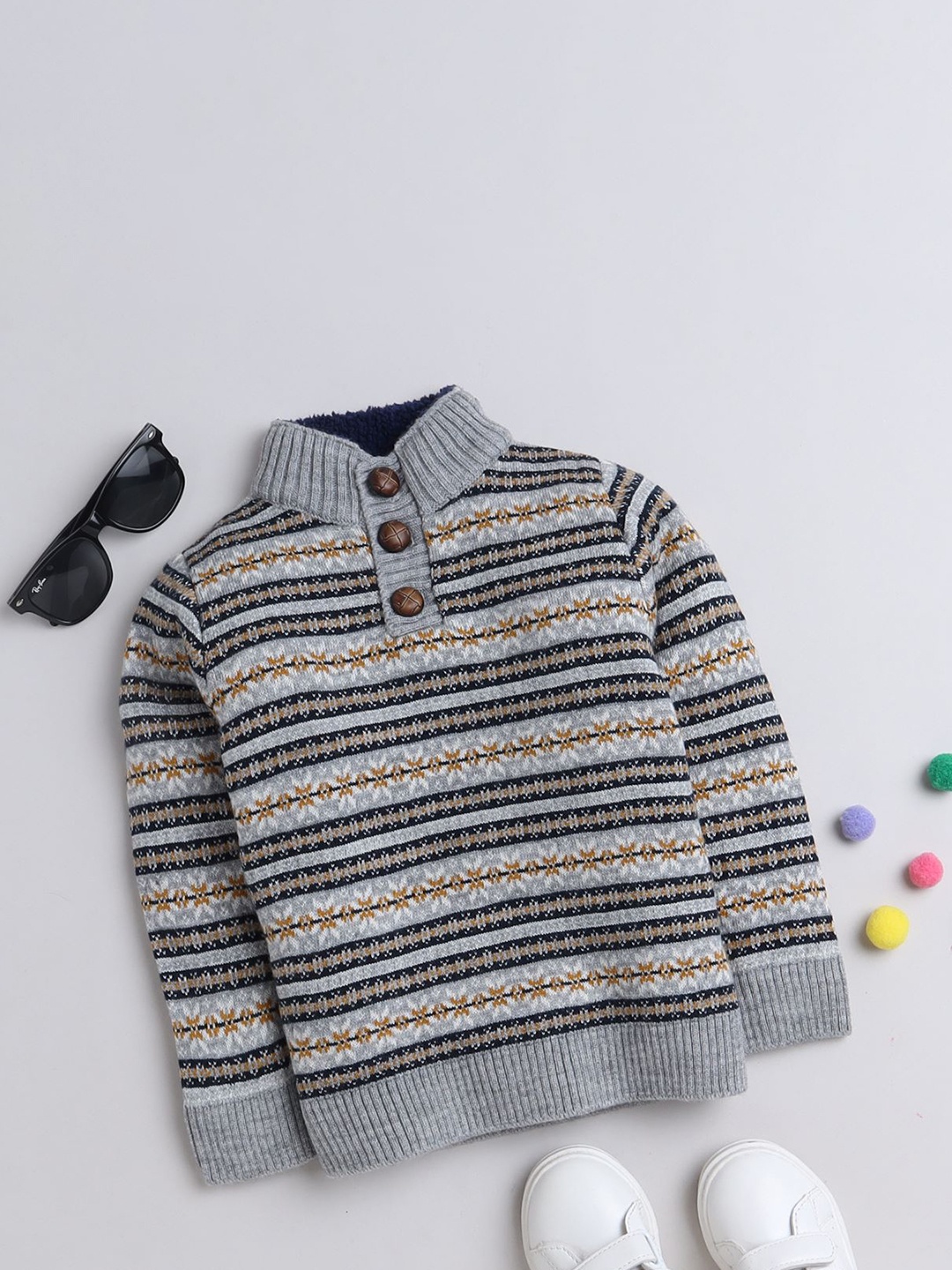 

Yellow Apple Boys Turtle Neck Long Sleeves Striped Cardigan Sweater, Grey