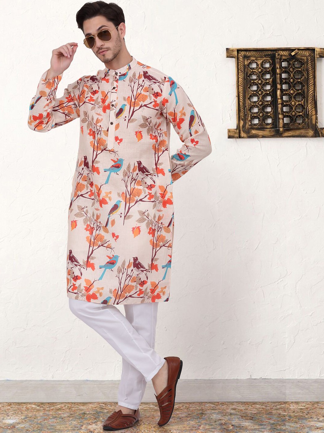 

Anouk Cream Floral Printed Band Collar Pure Cotton Straight Kurta with Trousers